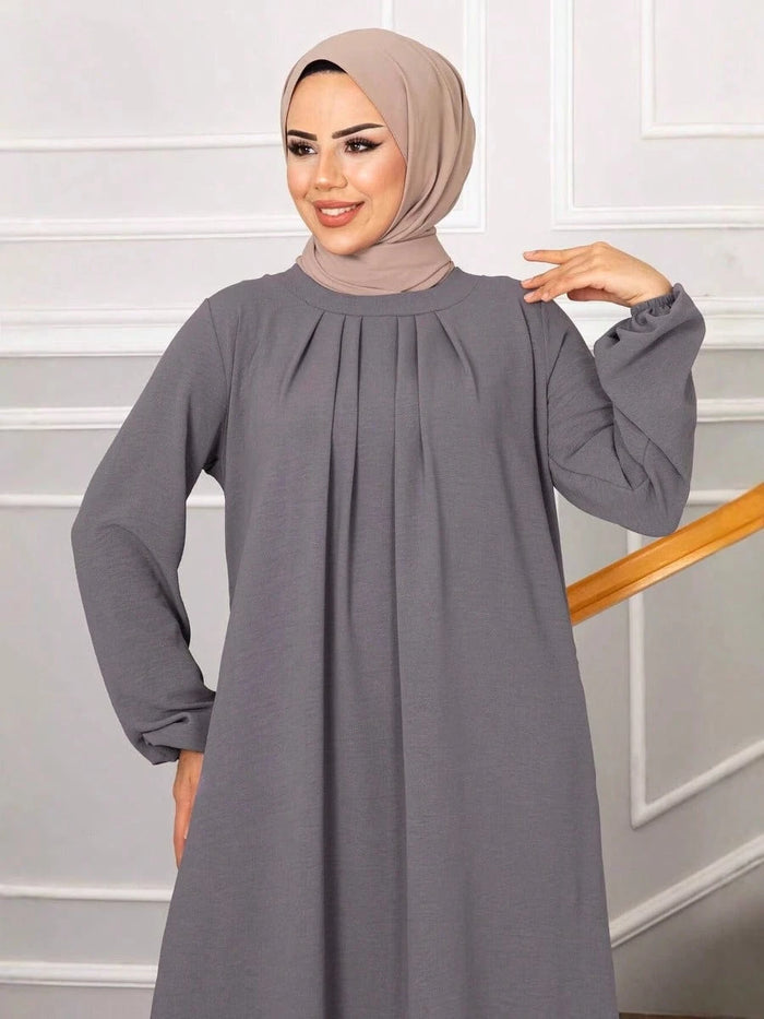 Women's Casual Retro Solid Color Round Neck Long Loose Muslim Robe