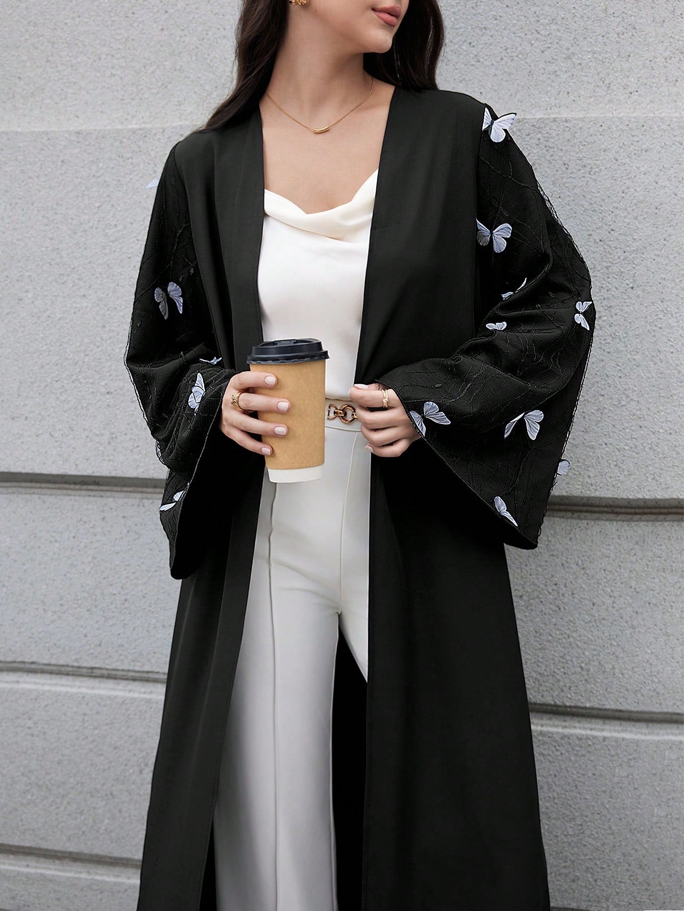 Women's Elegant Butterfly Print Abaya Long Sleeve Robe Women Abaya