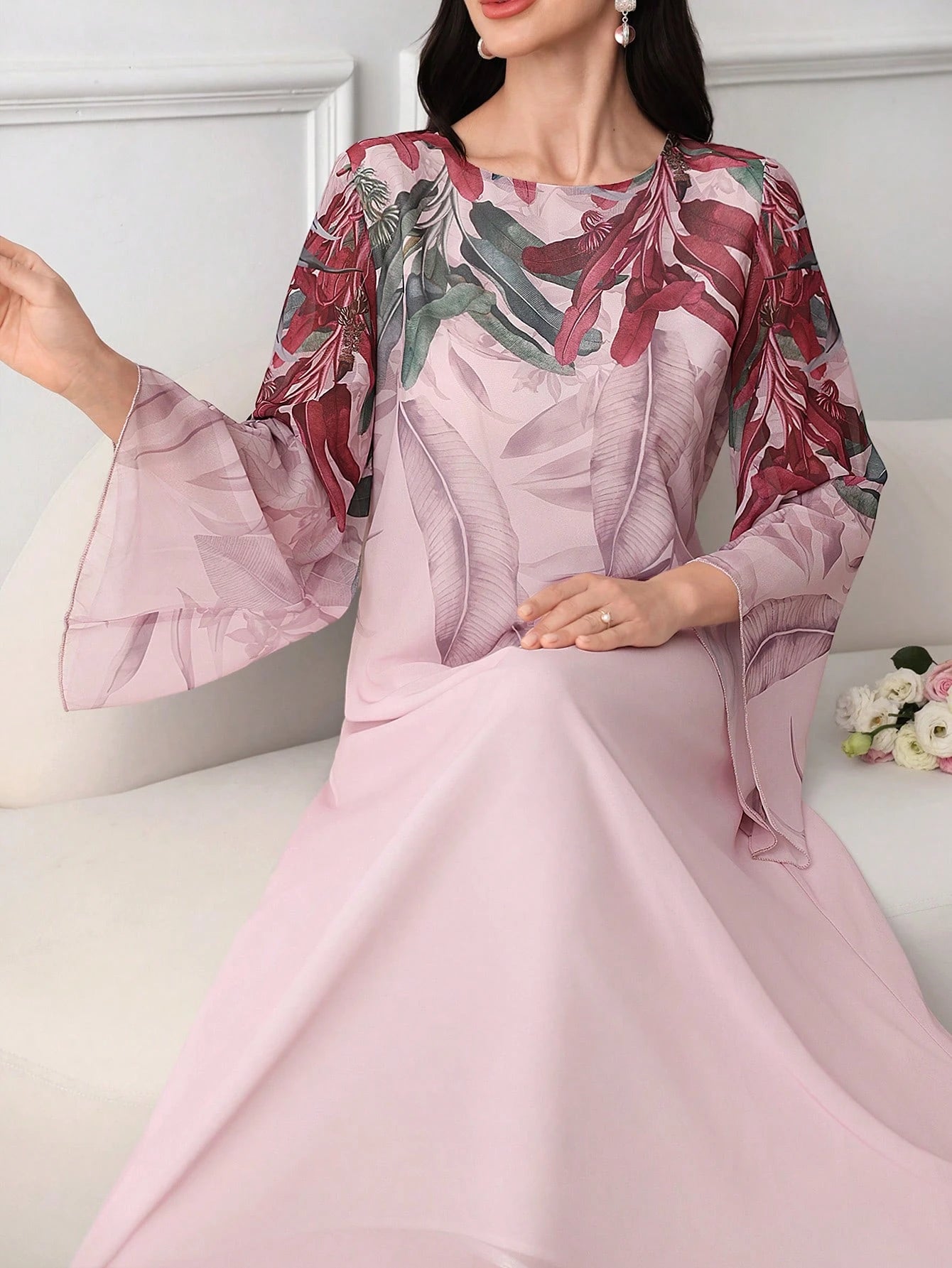 Women's Tropical Plant Print Round Neck Long Sleeve Arabian Style