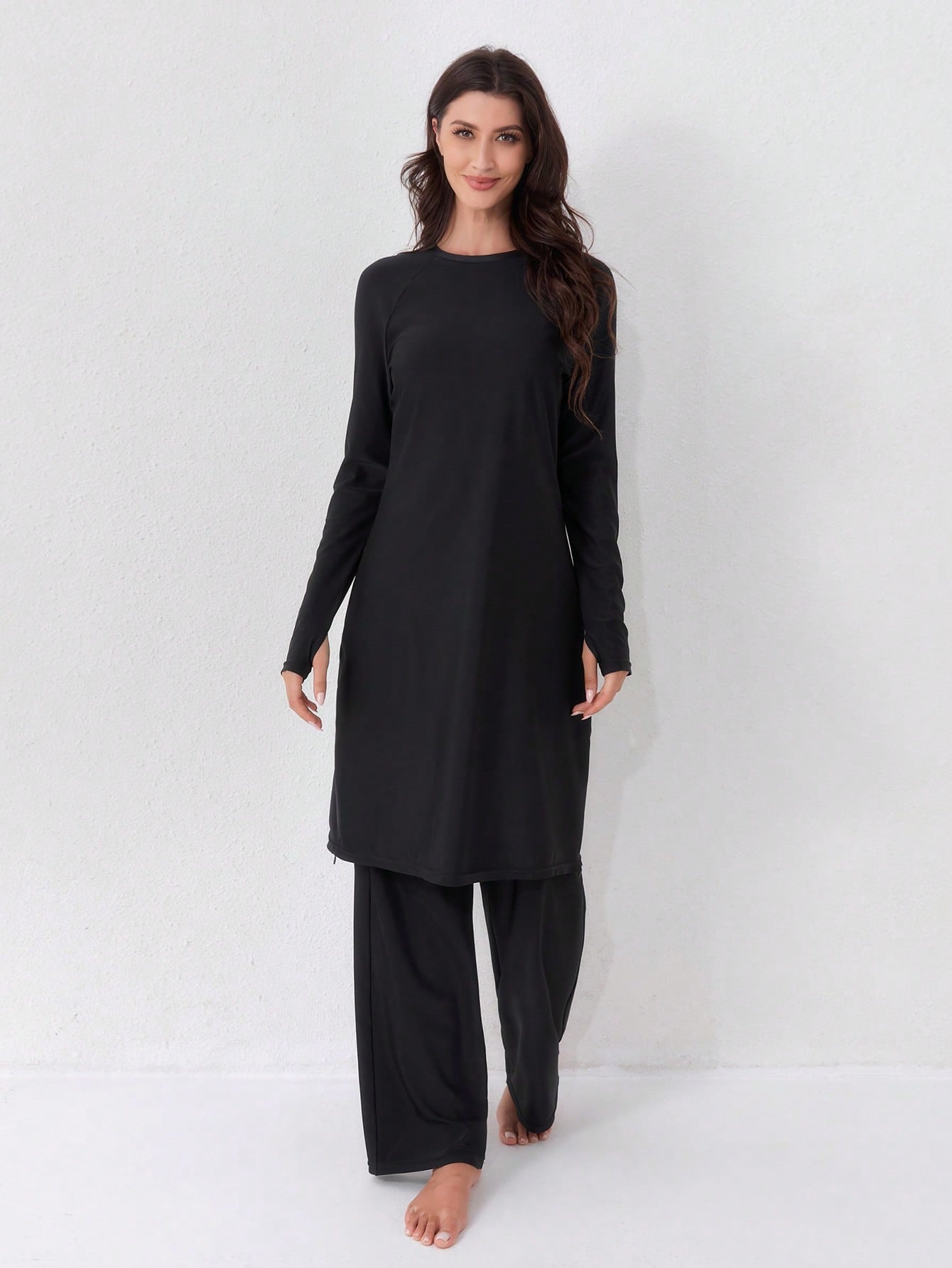 High Elasticity Black Burkini Set Women Casual Turtleneck Long