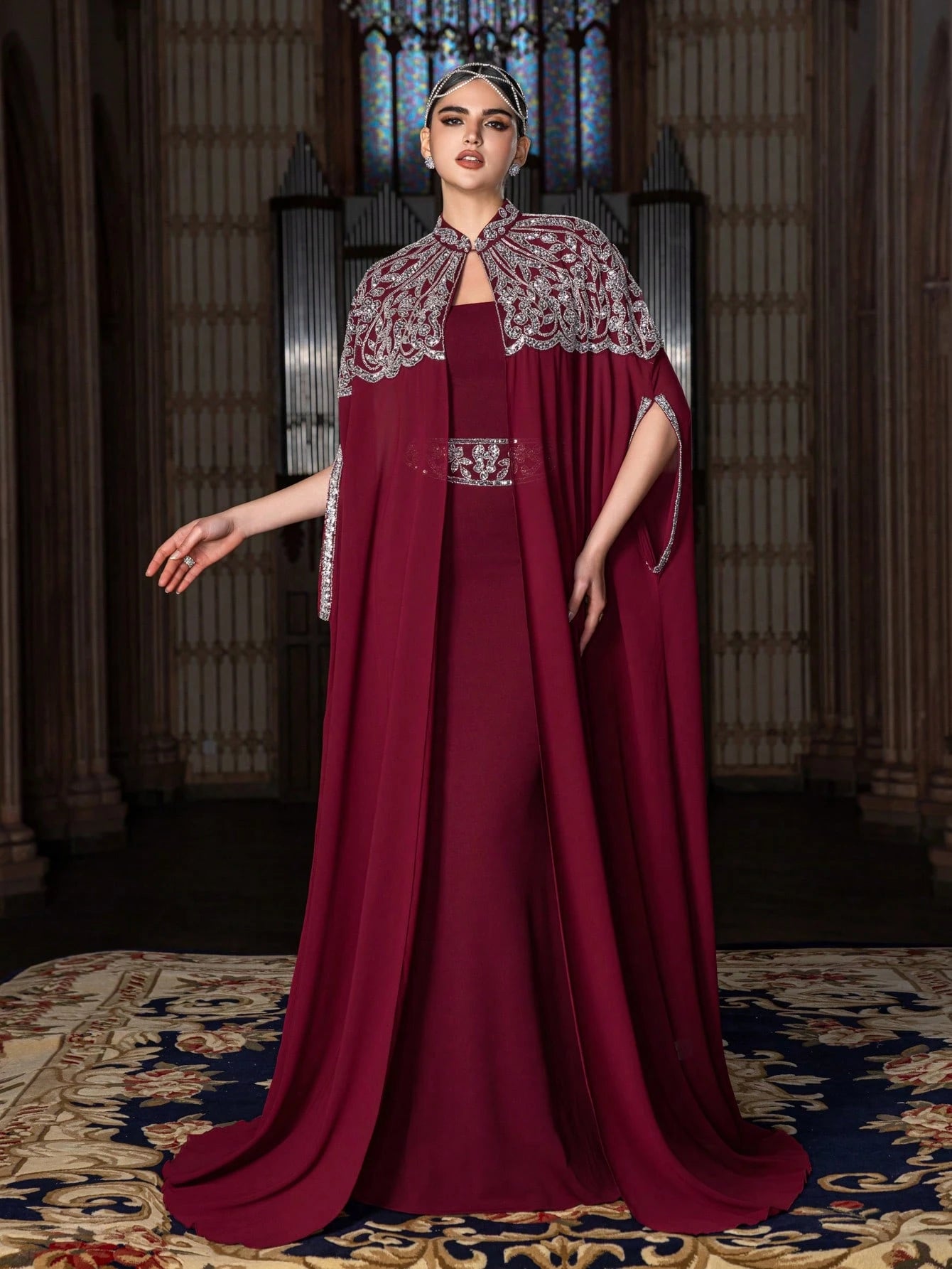 Abaya Stunning Evening Gown Featuring an Embellished Cape Beaded