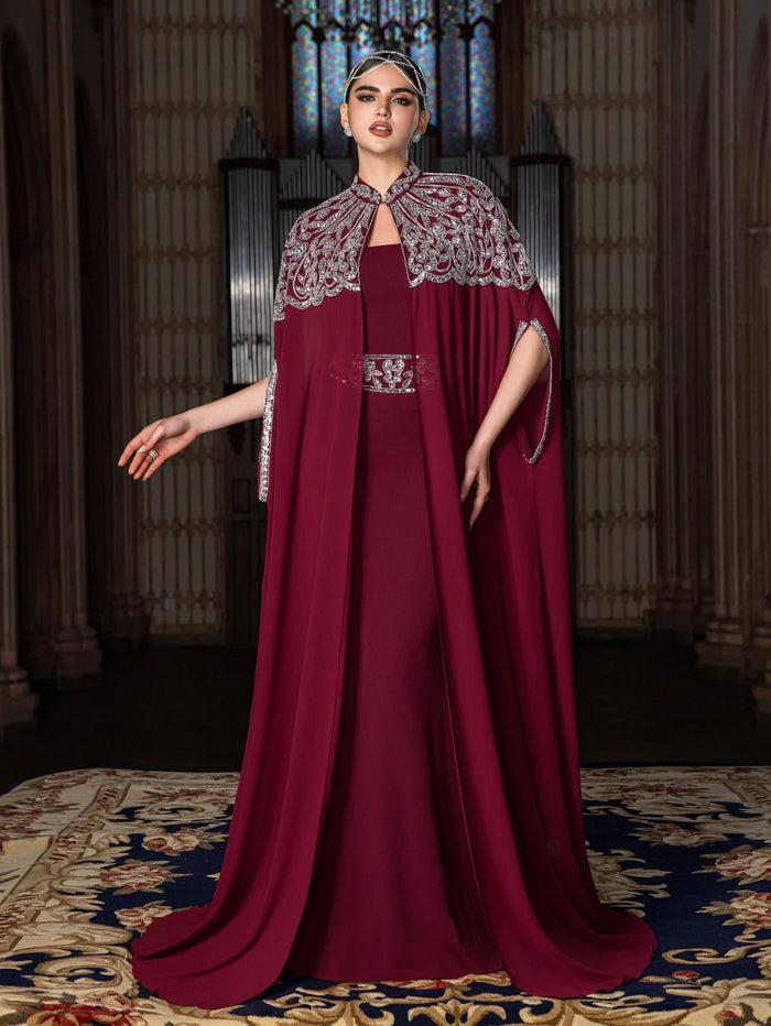 Abaya Stunning Evening Gown Featuring an Embellished Cape Beaded