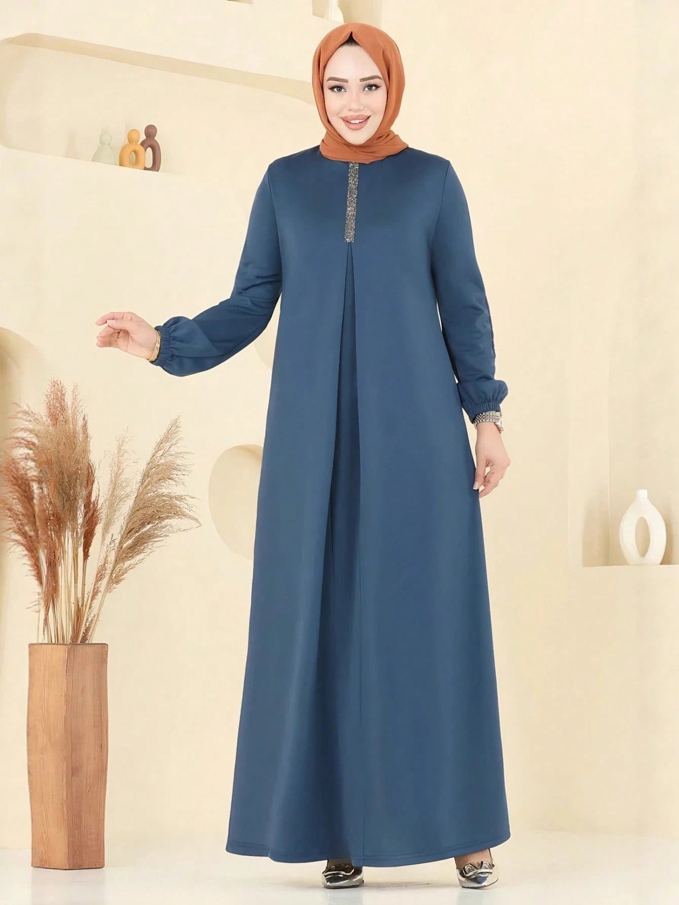 Fashion Women's Round Neck Solid Color Loose Long Robe Dress Spring