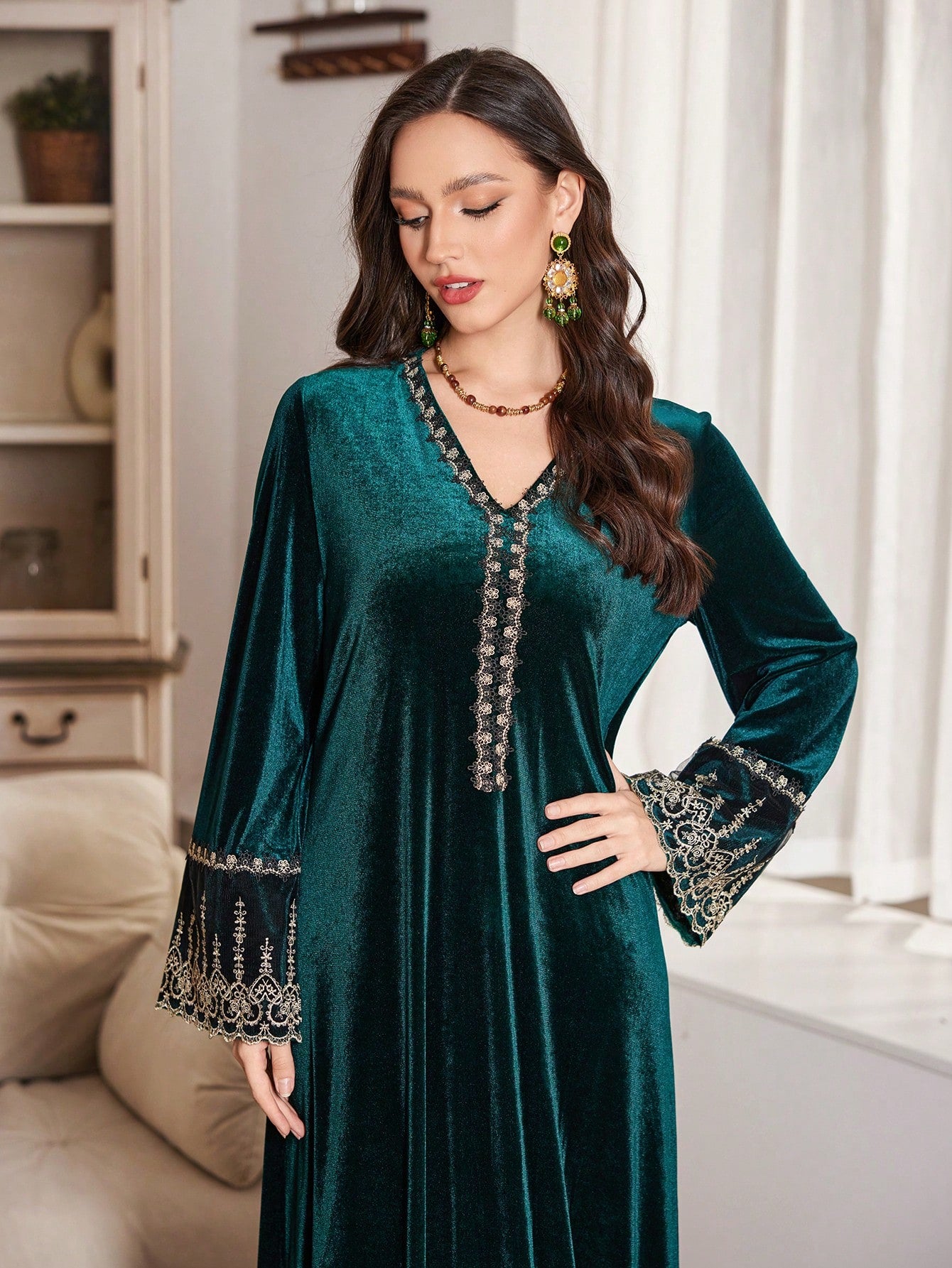 Elegant Loose Fit Velvet Dress with Gold Embroidery Applique