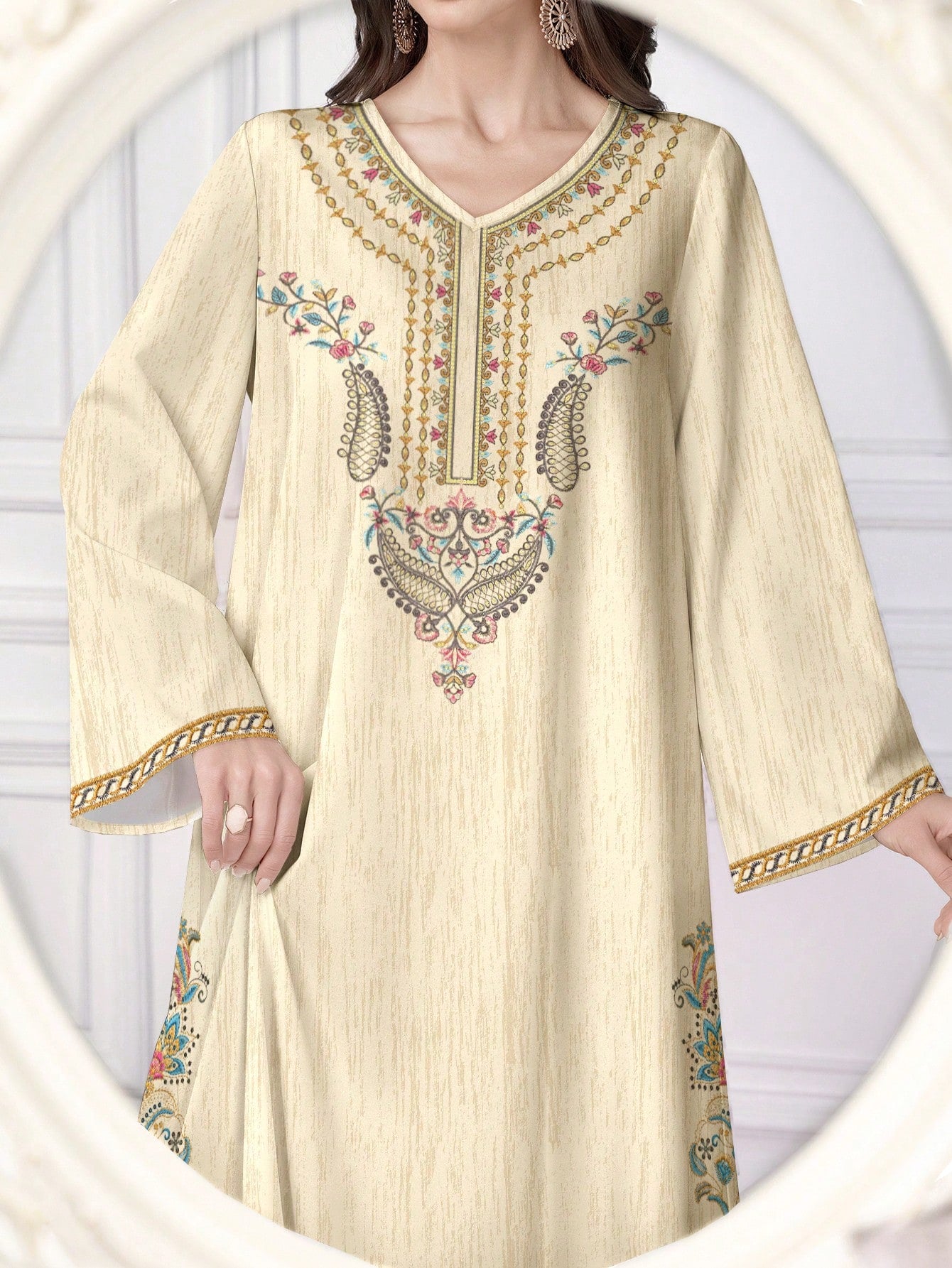 Women's Floral & Digital Print V-neck Long Sleeve Elegant Arabic