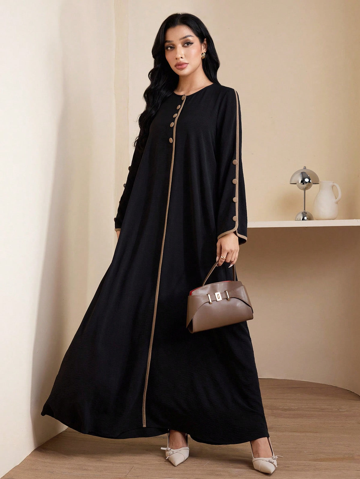 Arabic-Style Button-Front Long Sleeve Dress