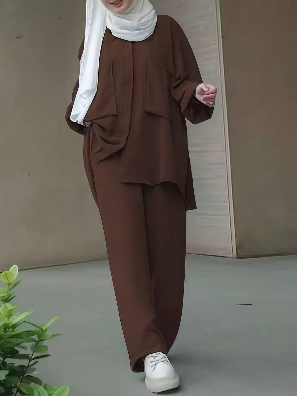 Two-Piece Modest Set — Long Sleeve Blouse & Wide-Leg Pants