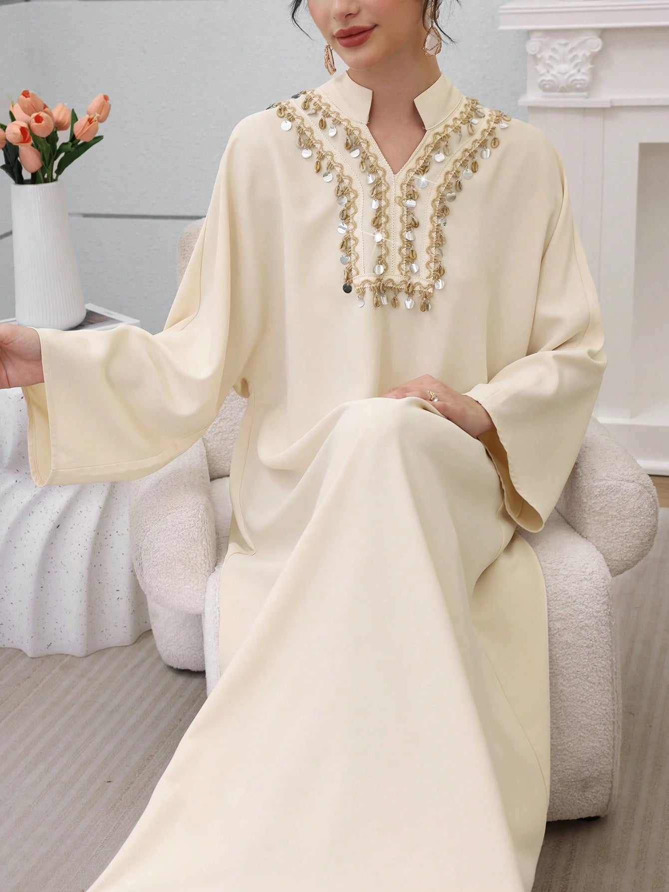 Women's Beige Beaded Trim Maxi Skirt