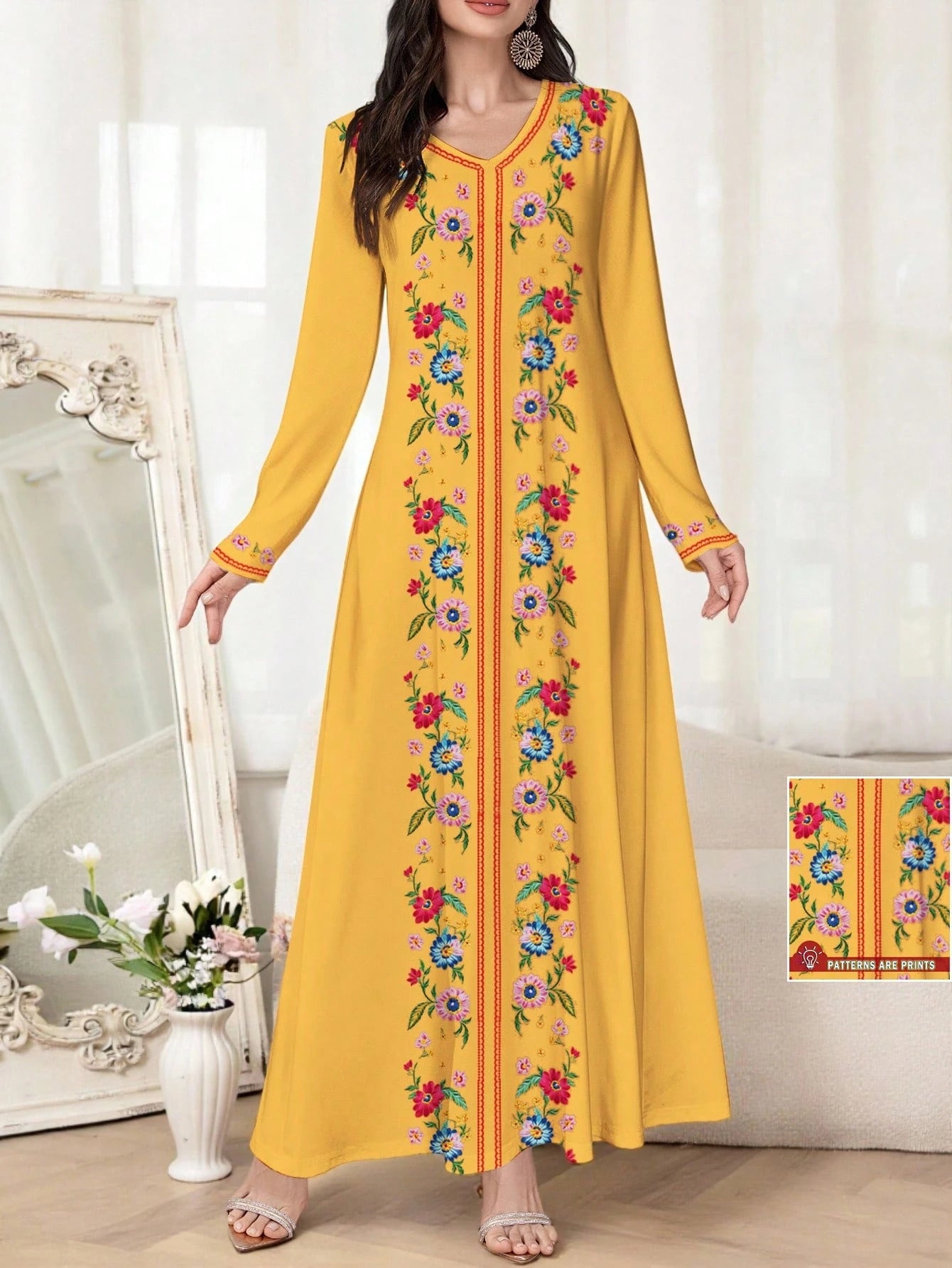 Elegant Lady's V-neck Spring/autumn Knitted Long Sleeve Floral Print