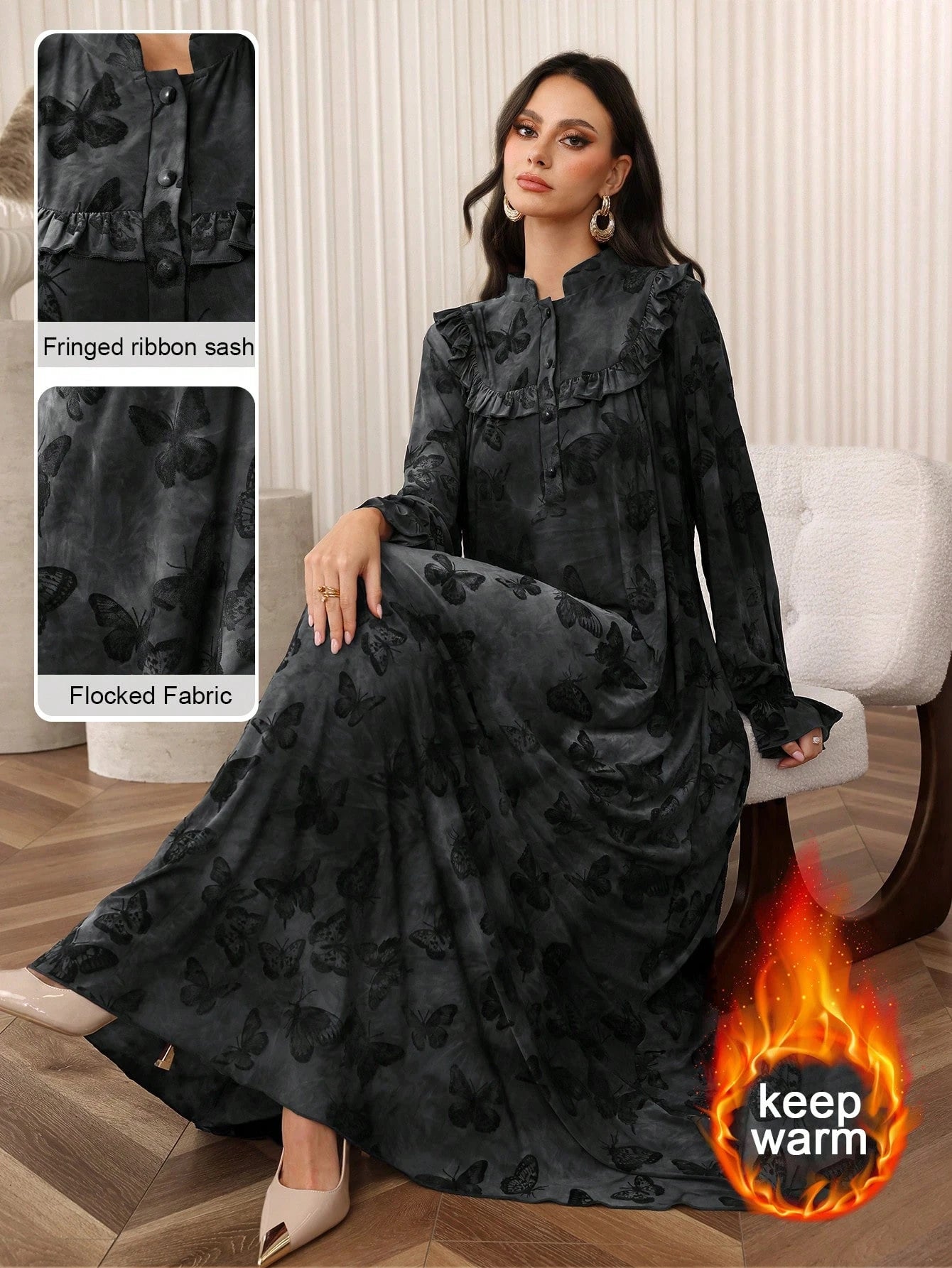 Frill Collar Puff Sleeve Loose Flared Hem Women's Arabic Style Dress