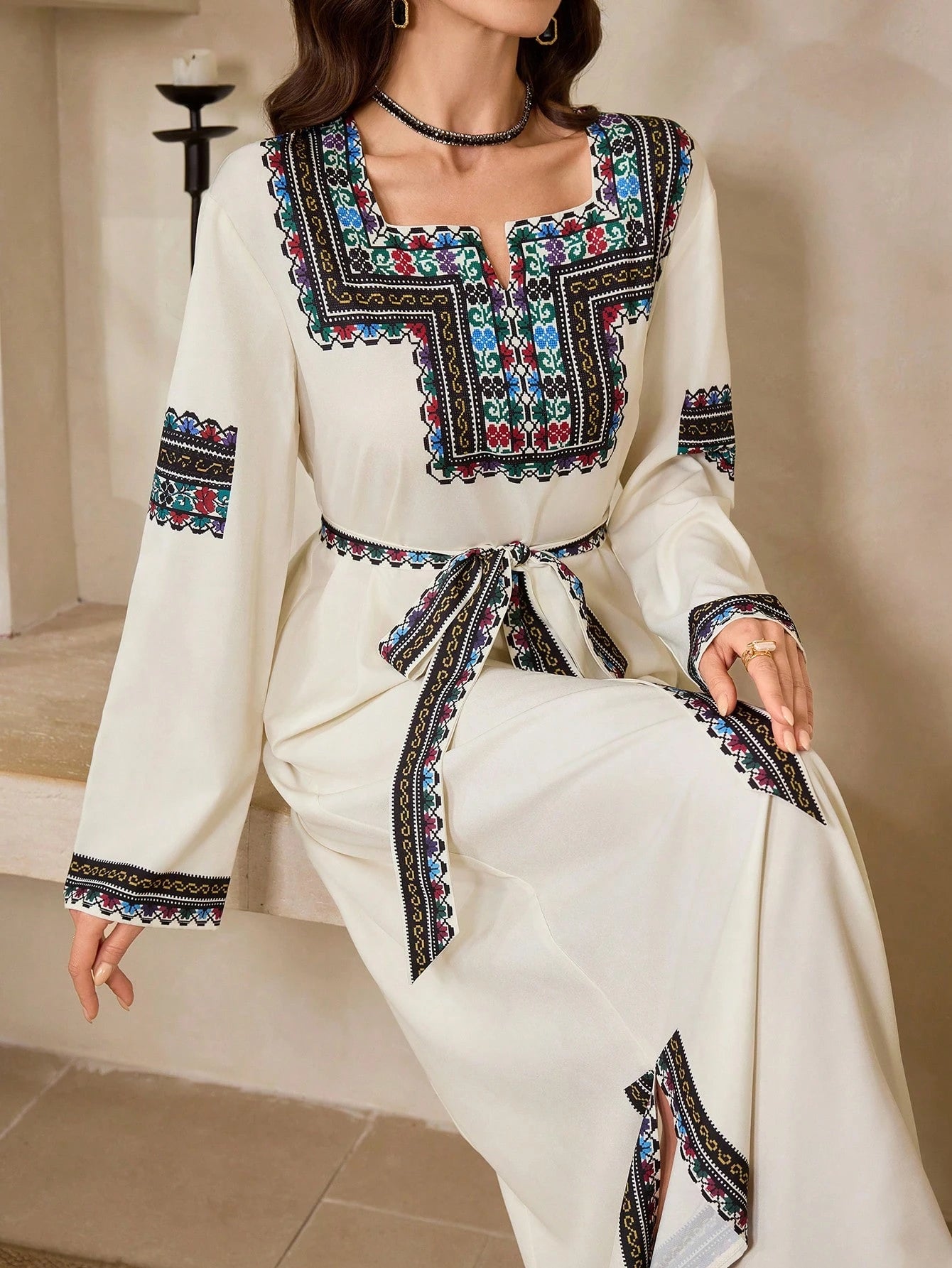 Women's Floral Print Long Sleeve Tie Waist Elegant Arabic Dress