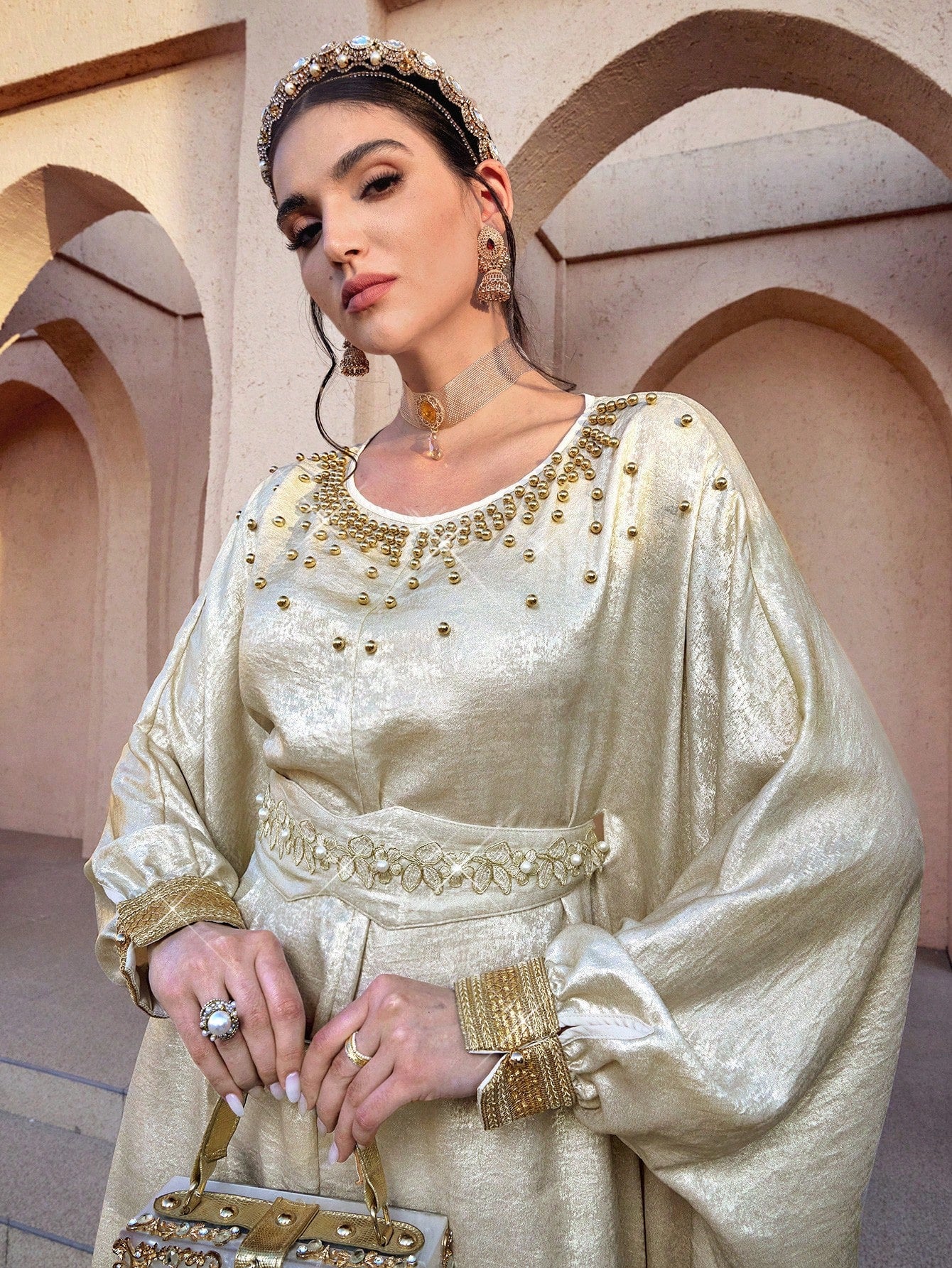 Women's Gold Beaded Decorated Turkish Abaya & Arabic Traditional Maxi