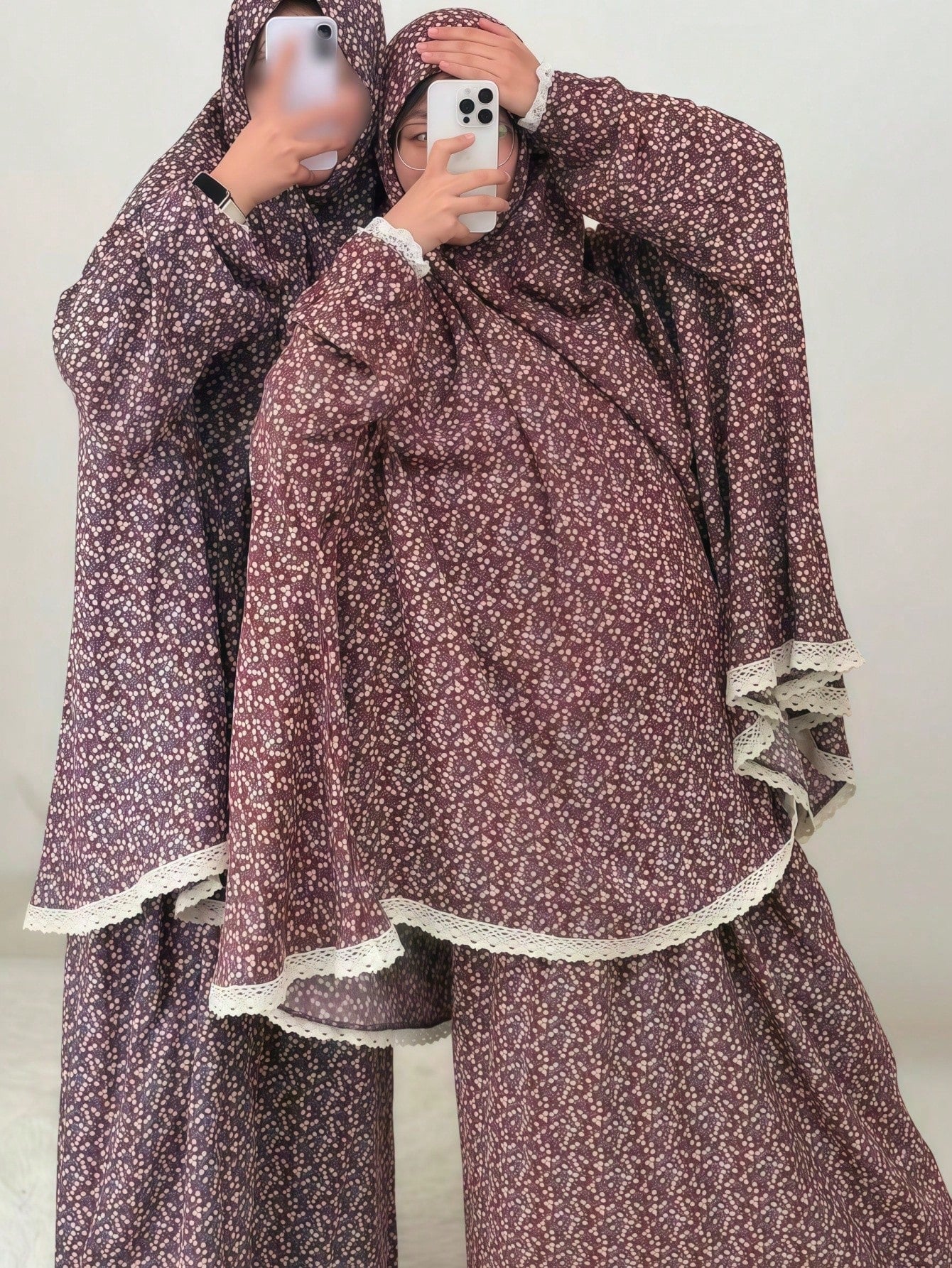Set Khimar Abaya Floral Print Muslim Prayer Outfit Pullover Long Robe