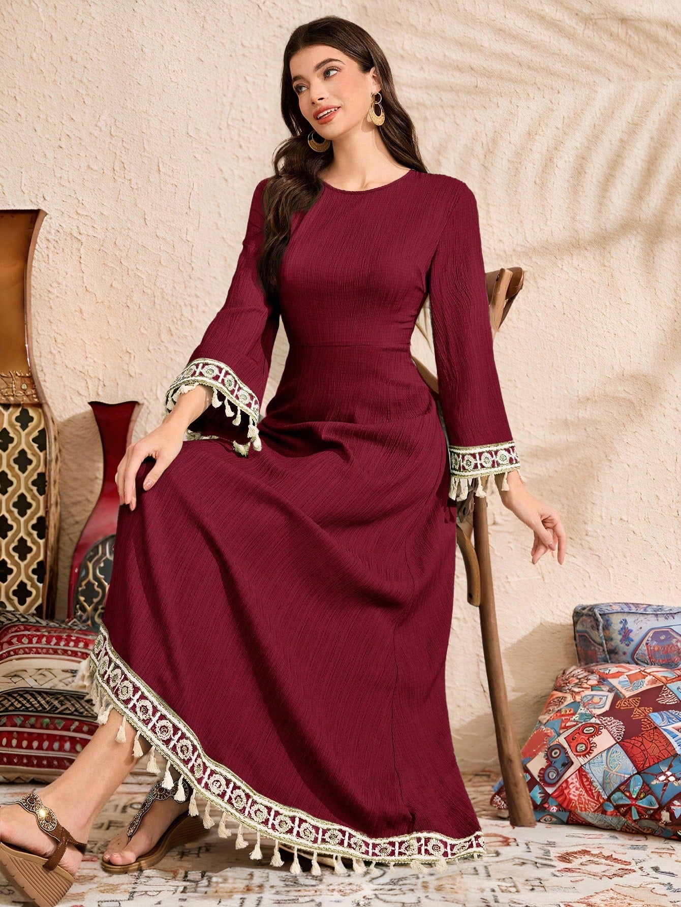 Women's Lace Patchwork Fringe Decor Elegant Dress Arabic Dress for