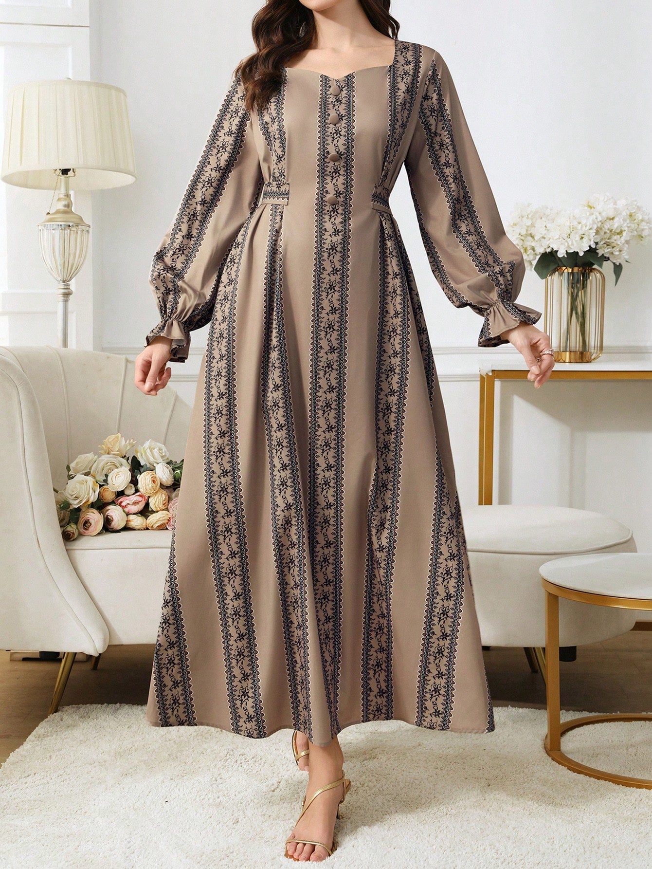 Women S Elegant Ditsy Floral Mesh Panel Turkish Arabian Traditional