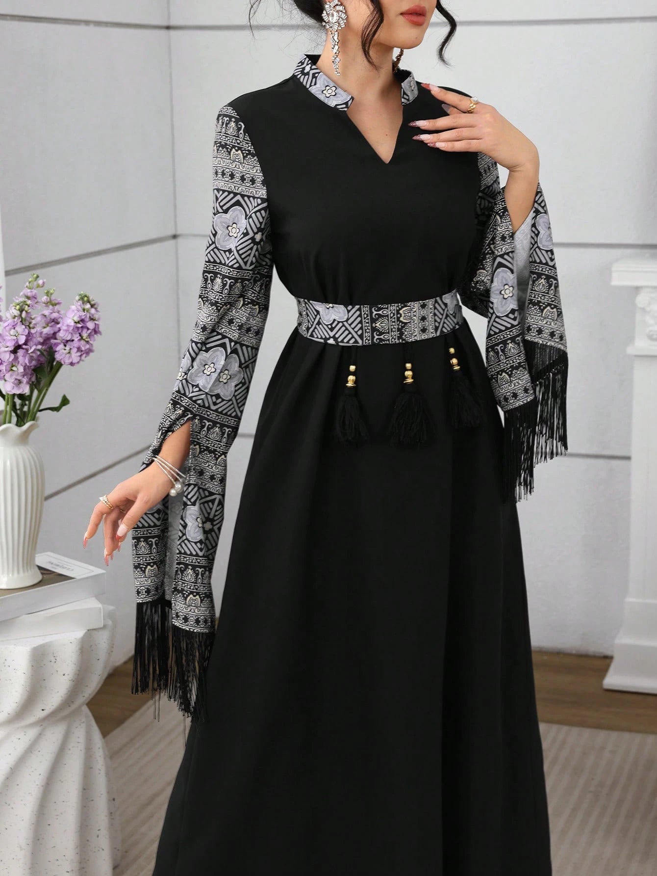 Women's V-neck Tassel Split Dress