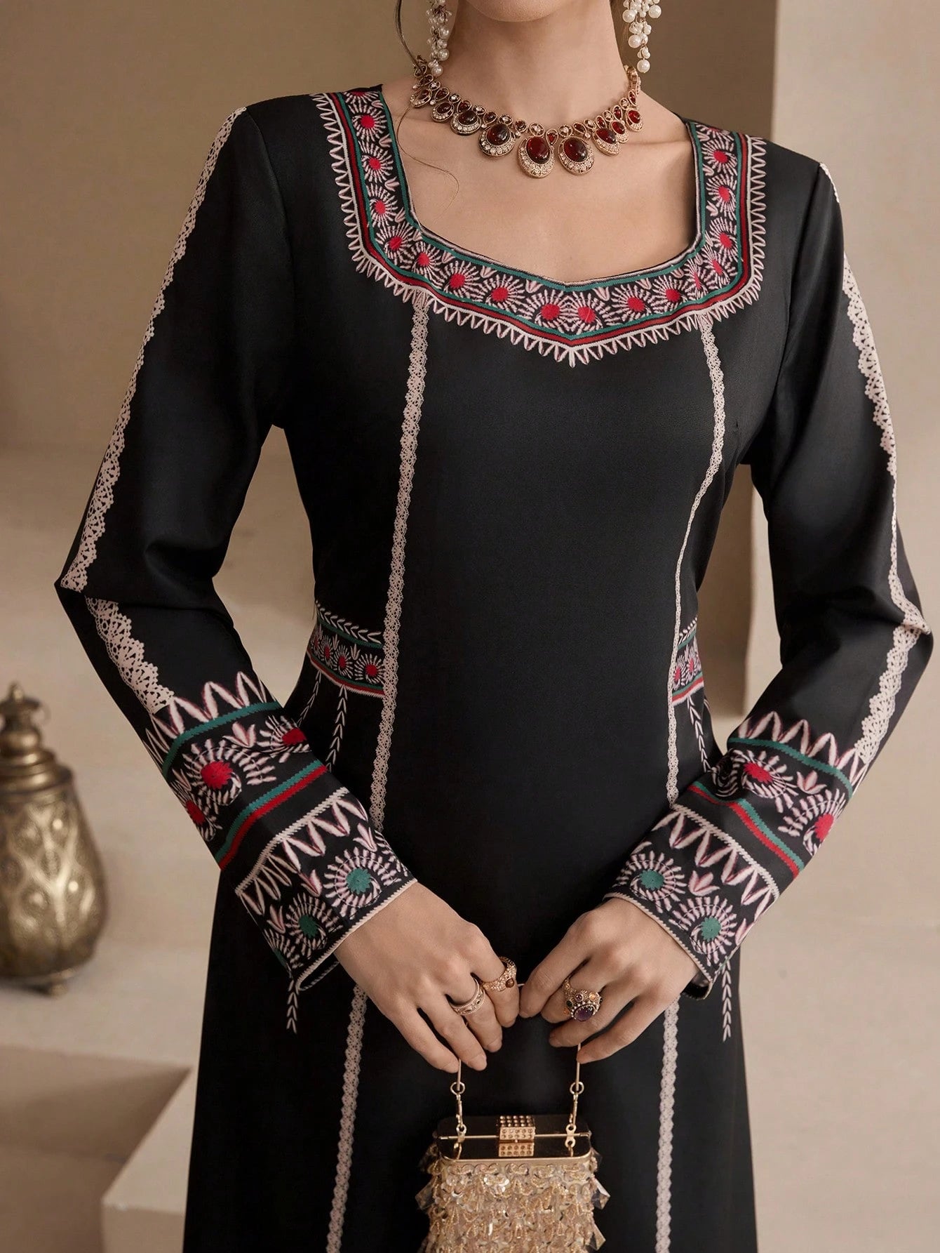Women's Turkish & Arabic Traditional Long Tunic with Printed Square