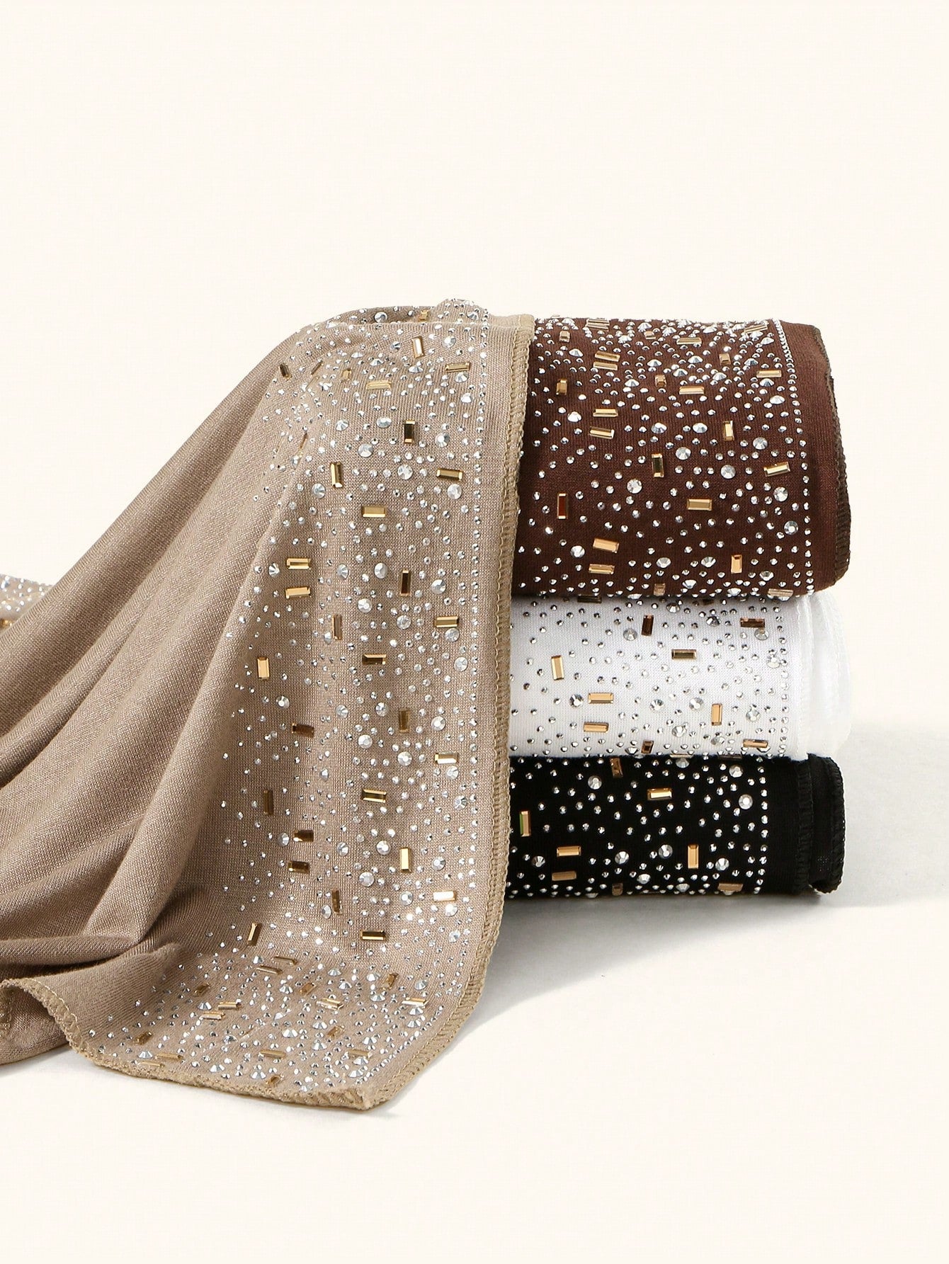 Women's Solid Color Woven Texture Rhinestone Decorated Hijab