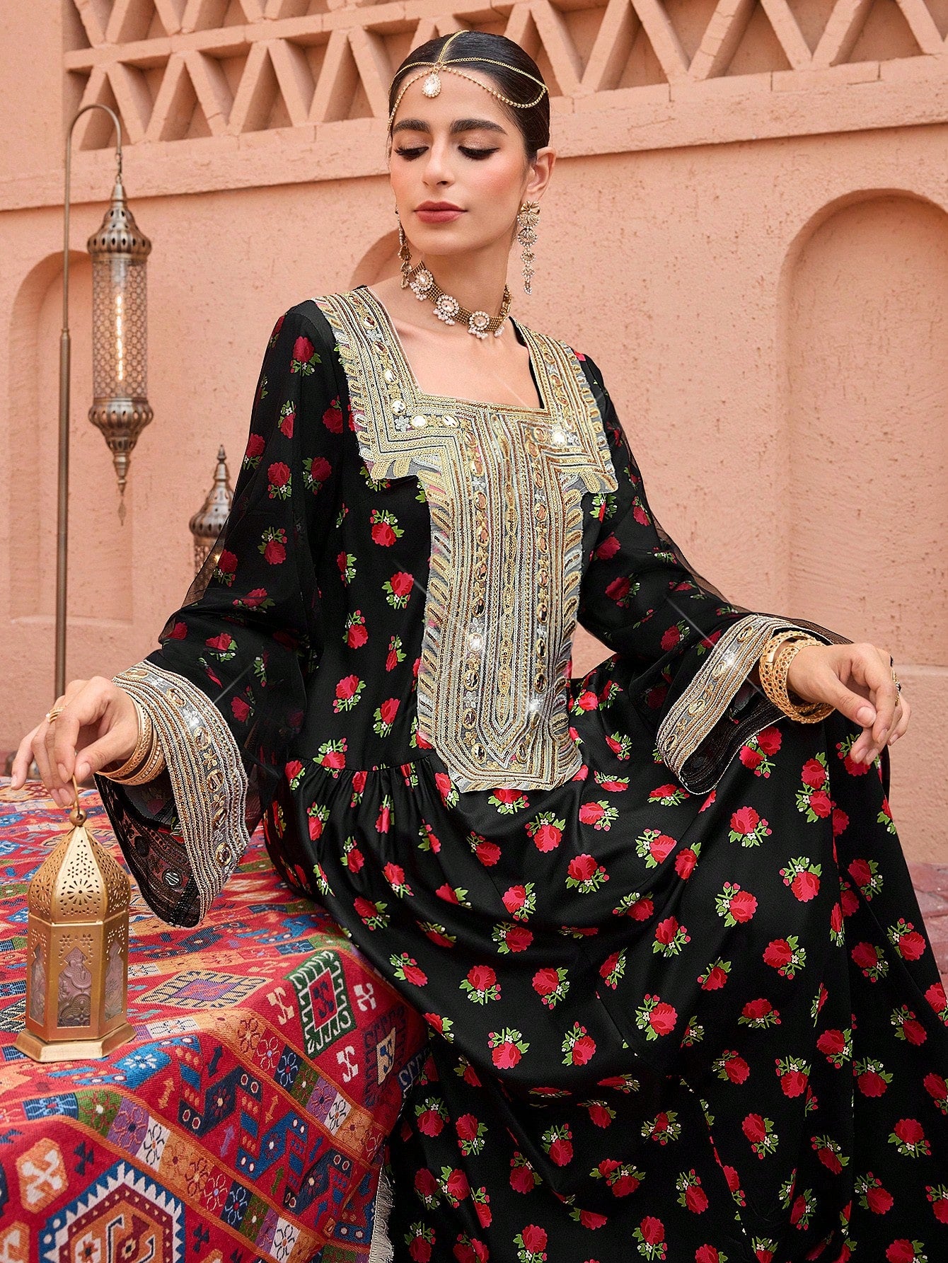 Boat Neck Traditional Shalky Print Romantic Elegant Loose Long Sleeve