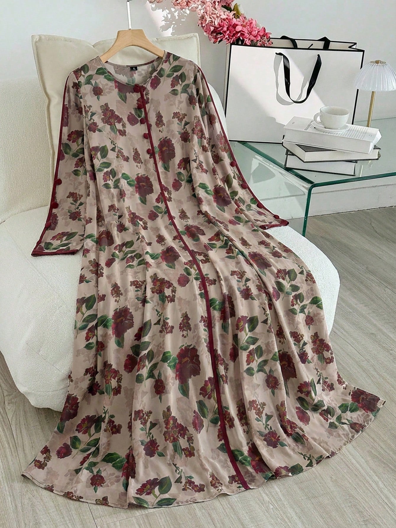 Modest Casual Floral Print Trim Arabic Traditional Dress for Women
