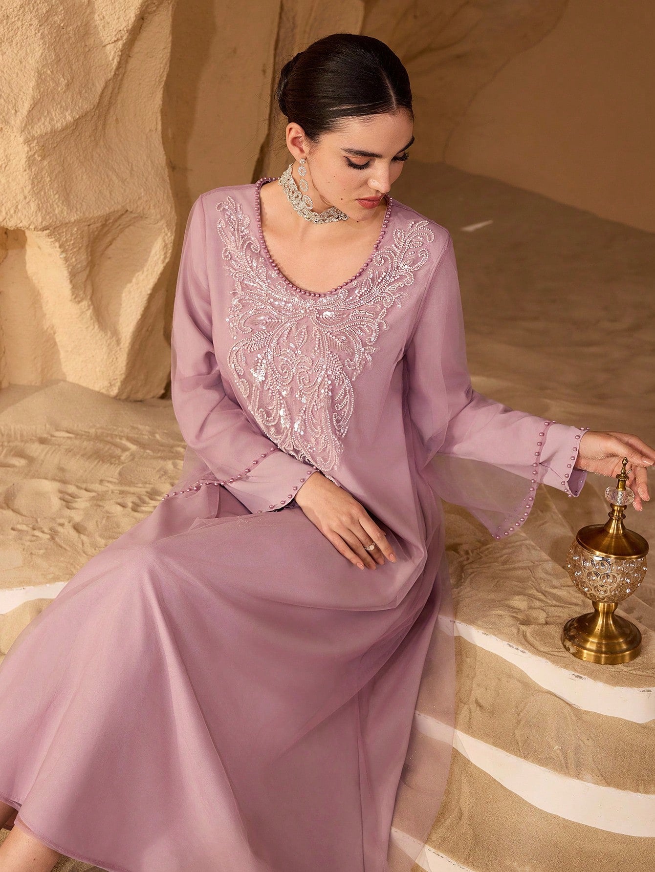 Fashionable New Embellished Collar Women's Arabic Style Dress