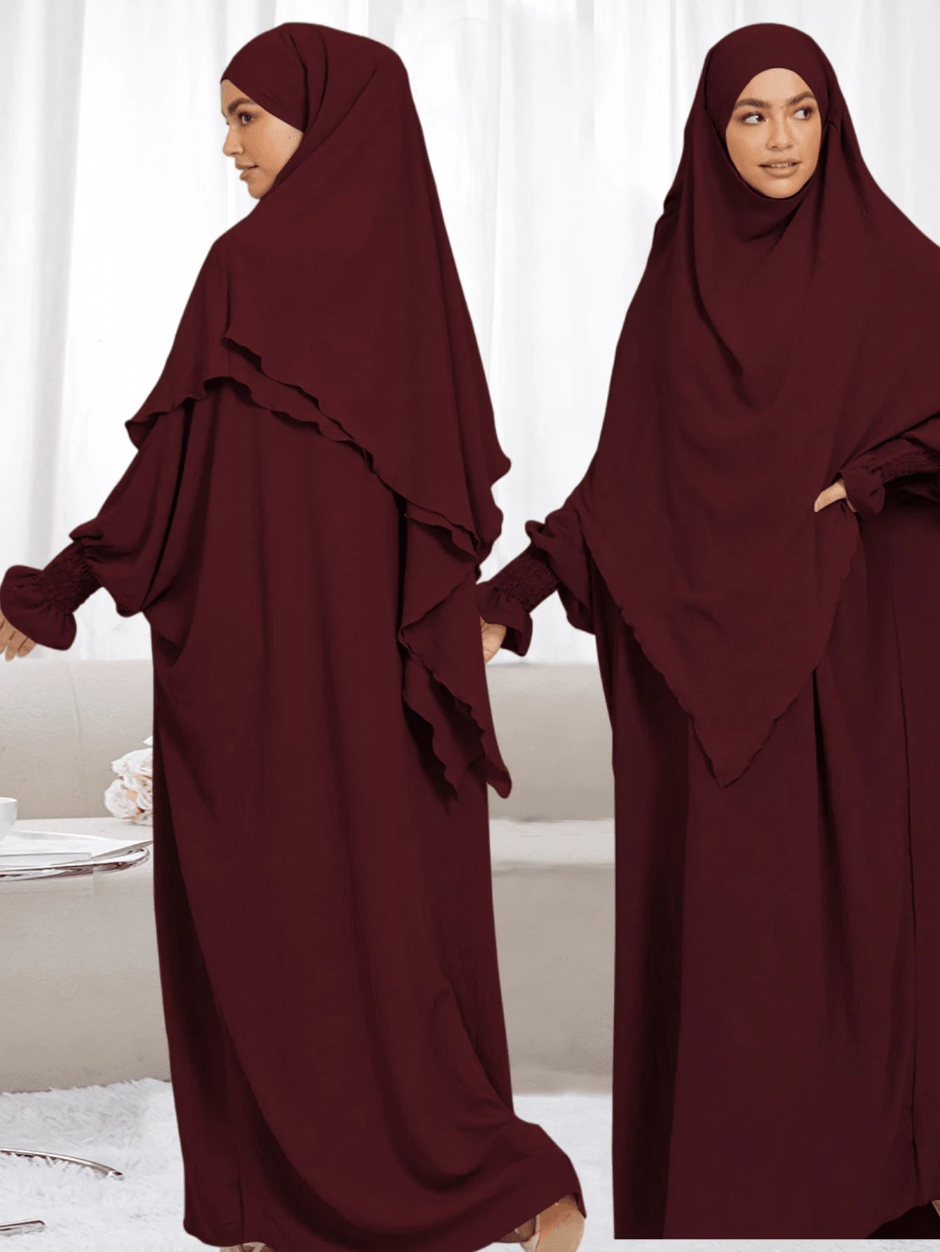 Set Double Layer Tie Headscarf Khimar + Loose Comfortable Abaya