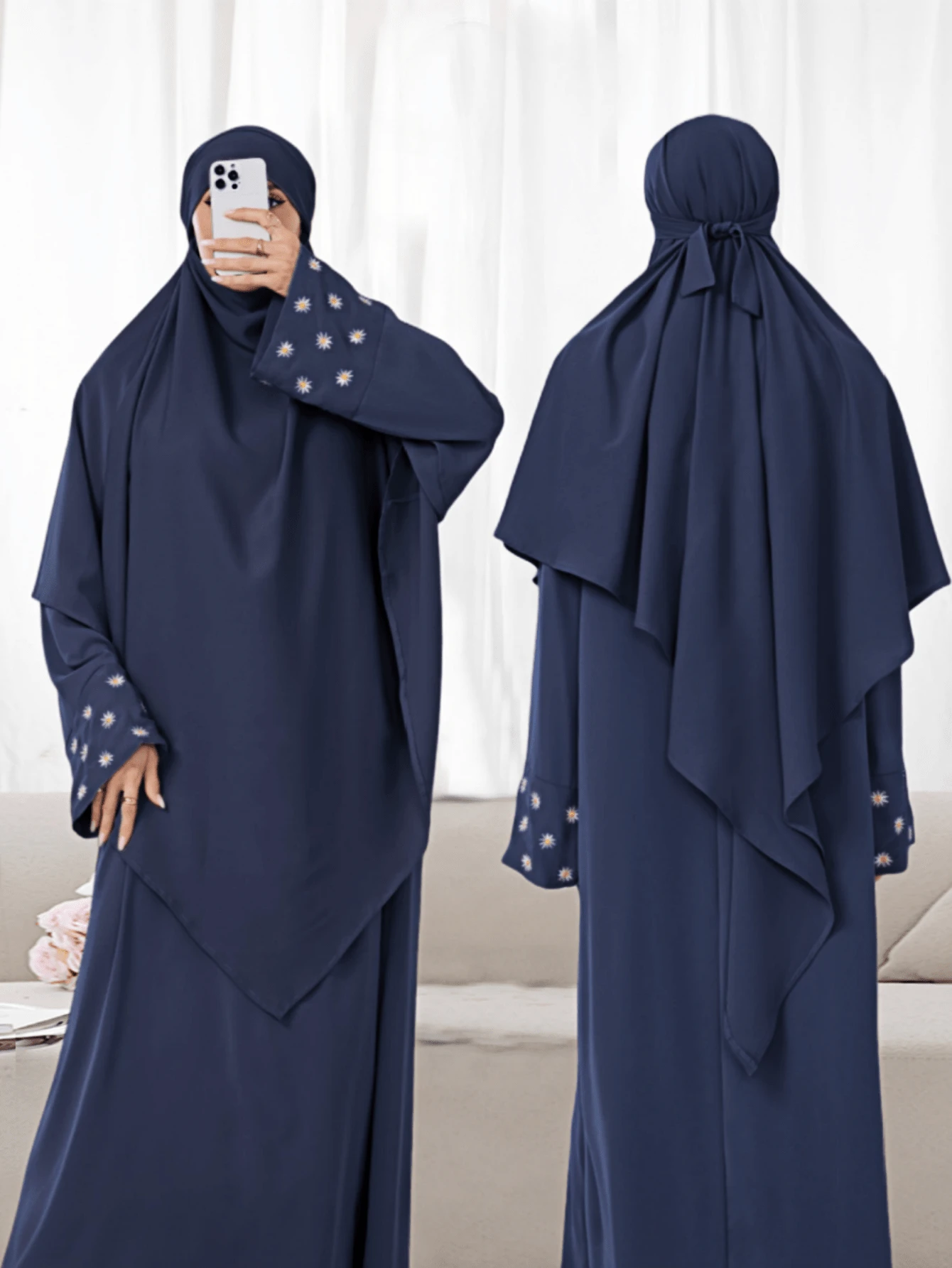 Set: Khimar Hijab Prayer Headscarf + Abaya with Embroidered Cuffs