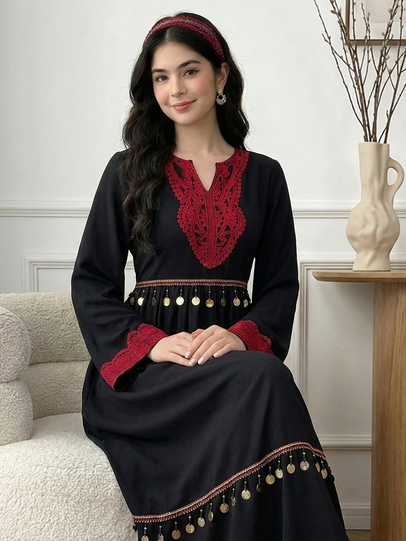 Black Retro Embroidered Contrast Color Patchwork Fringe Handmade