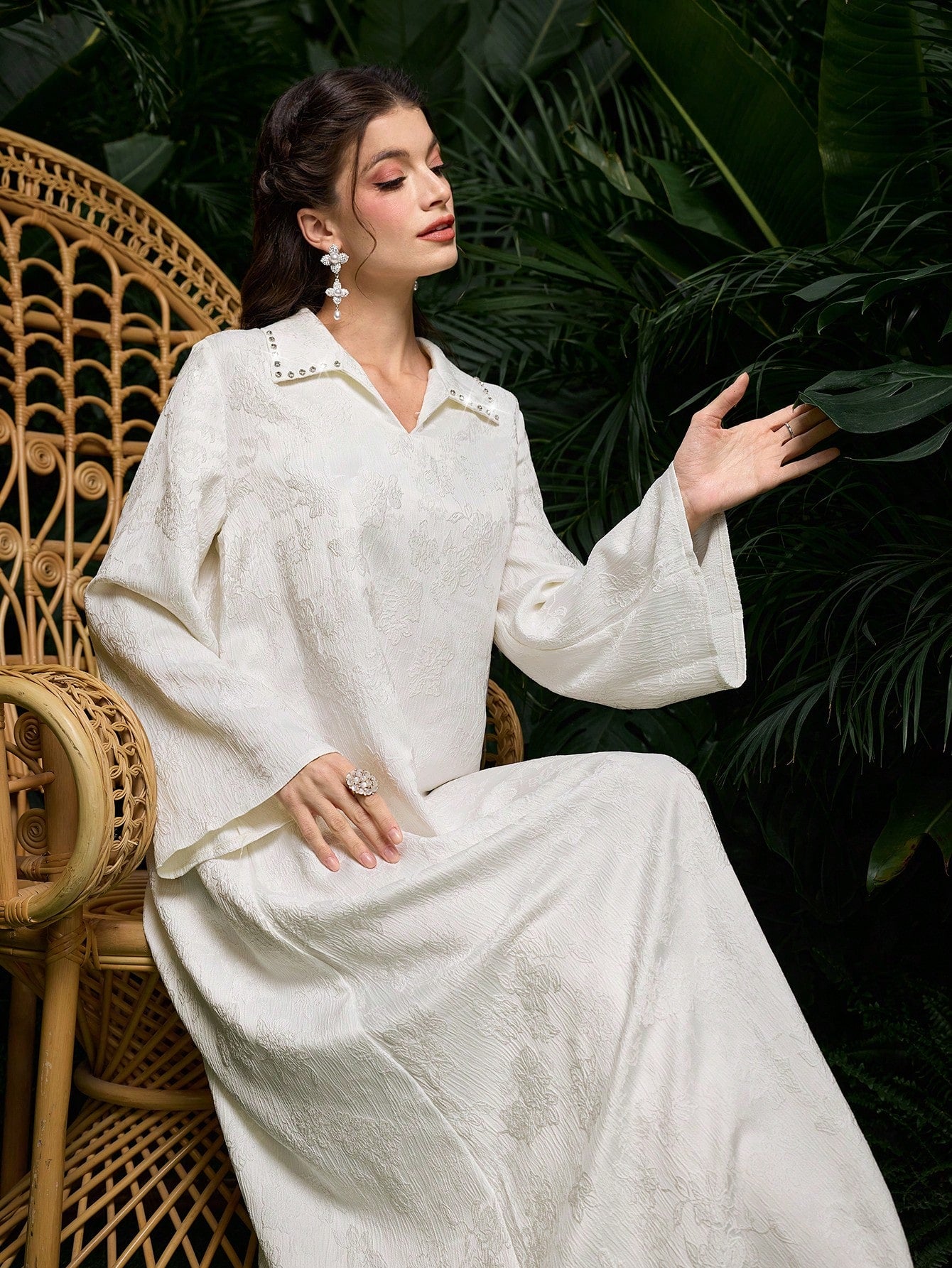 Jacquard Textured Fabric Shirt Collar Diamond Decor Loose Long Sleeve