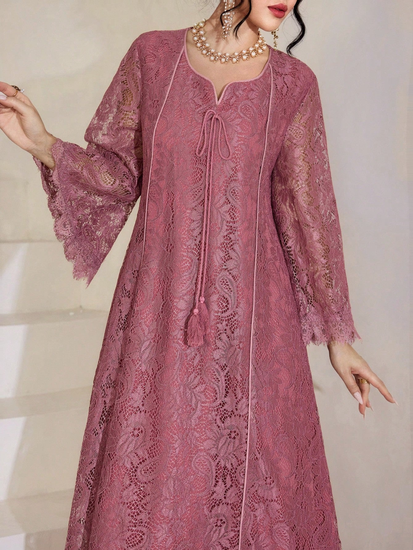 Square Neck Lace Tassel 3/4 Sleeve Flared Women's Arabic Dress