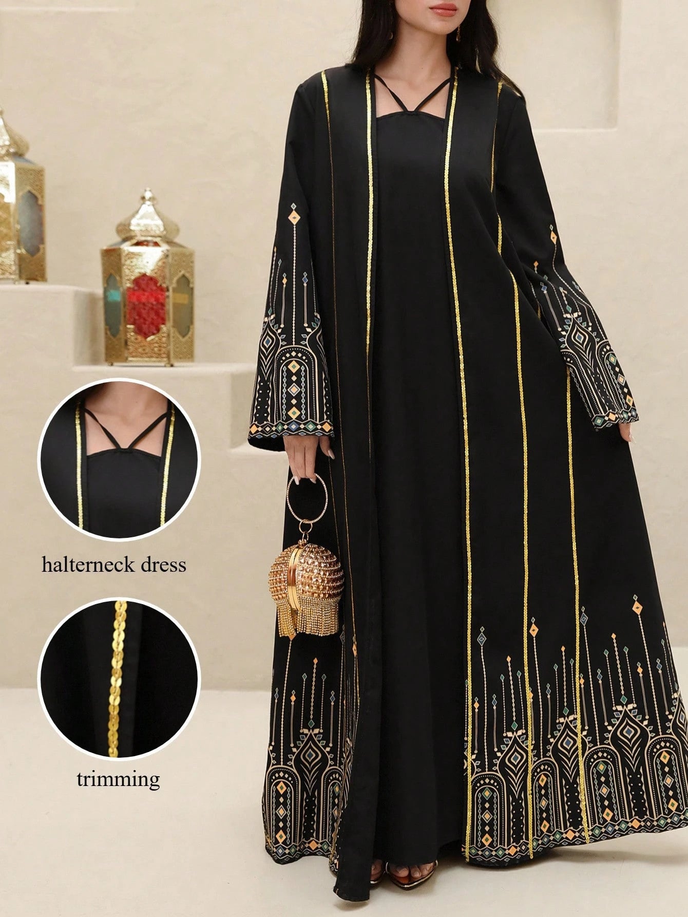 Women's Beaded Retro Pattern Abaya Modest Two Piece Set Modest Sets