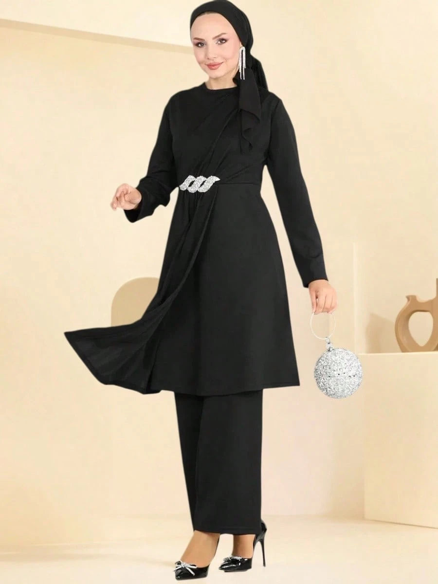 Modest Women's Black 2 Pieces Set: Draped Tunic with Rhinestone