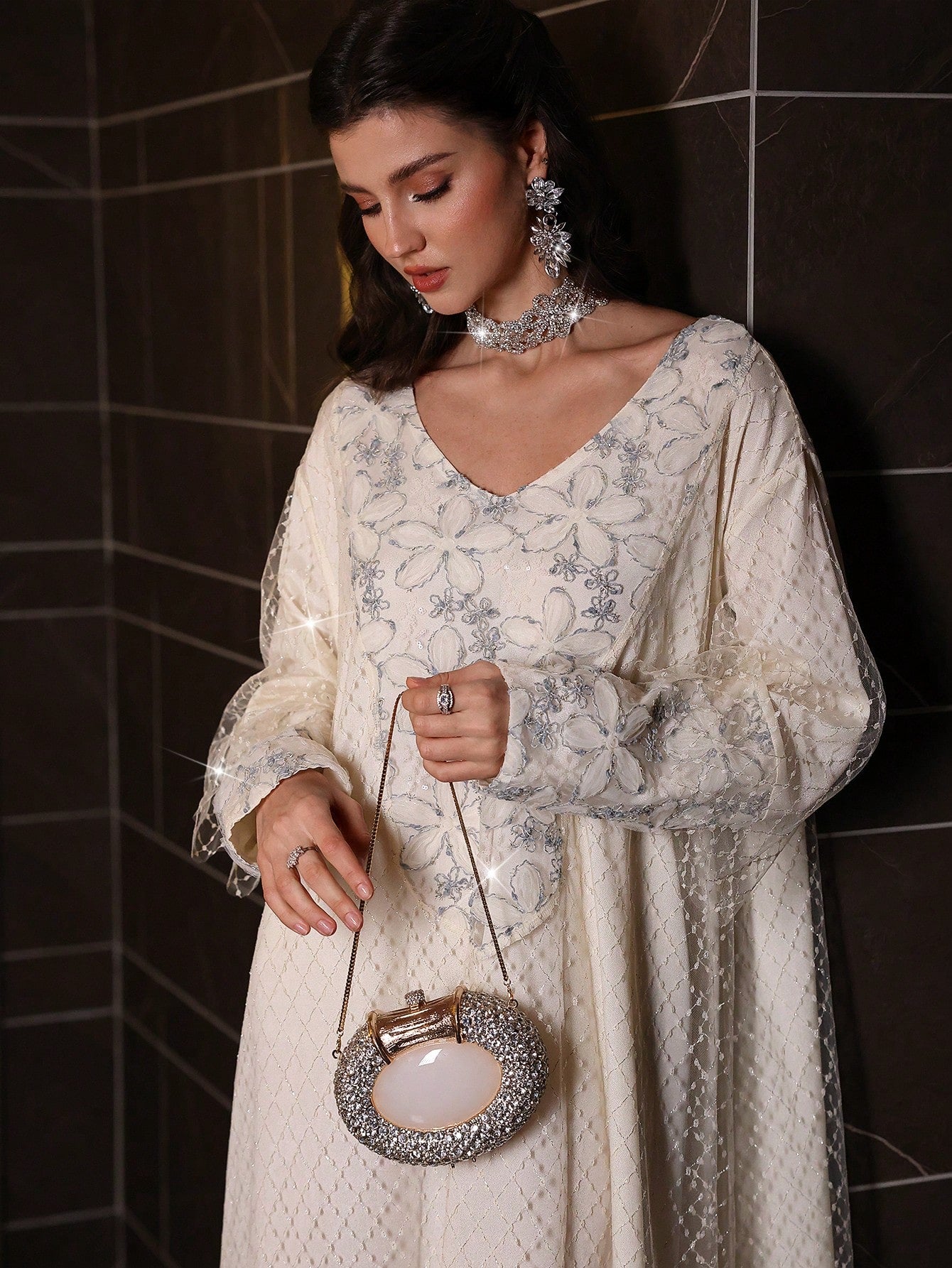 Mesh Jacquard Patchwork Elegant Loose Long Sleeve Women Dress