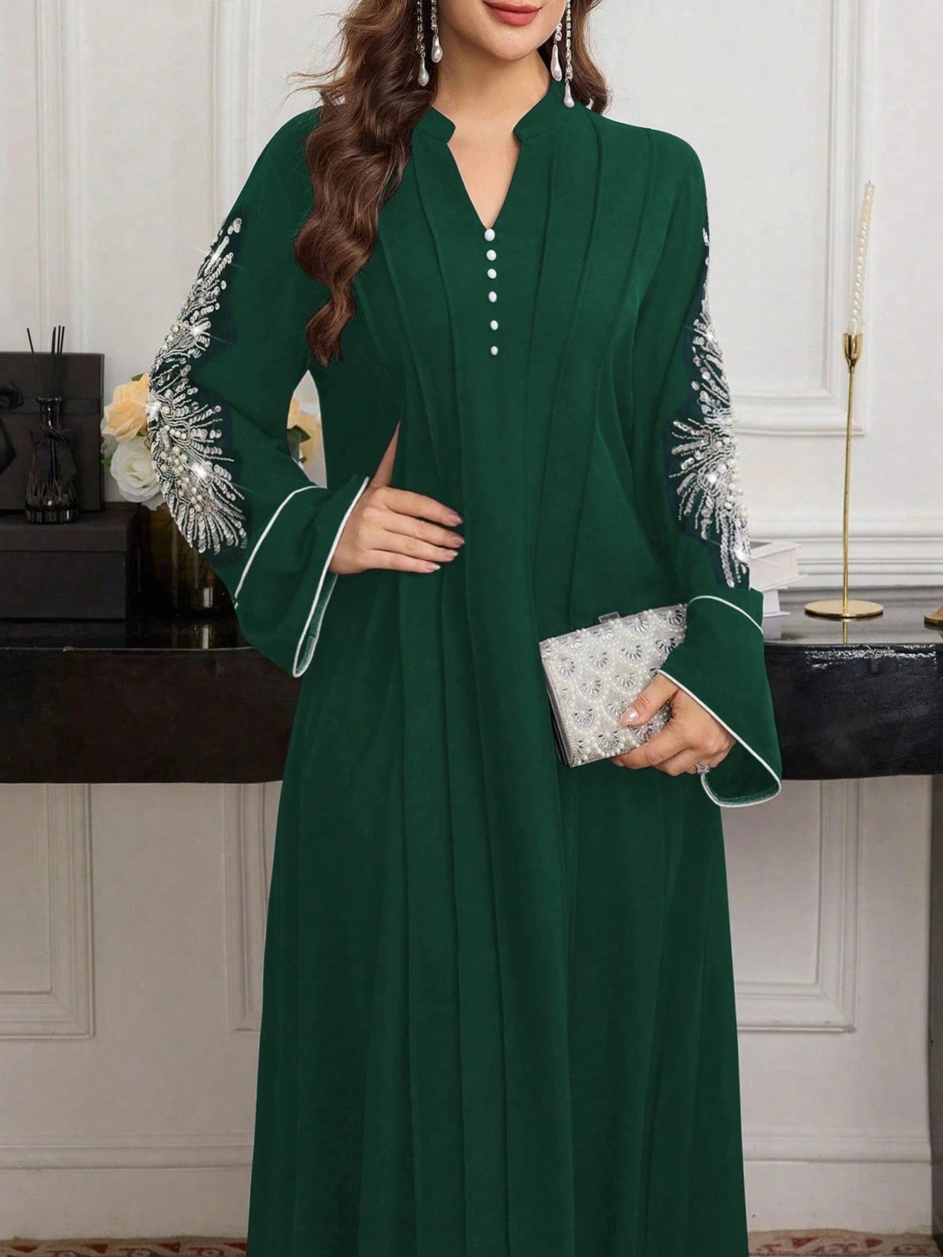 Elegant Dress with Beaded Collar Flower and Contrast Trim