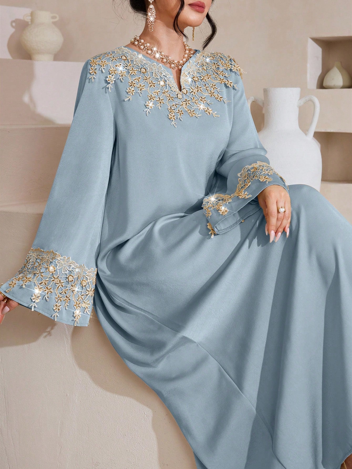 Modest Blue Tunic Long Dress with Notched Neckline and Regular Long