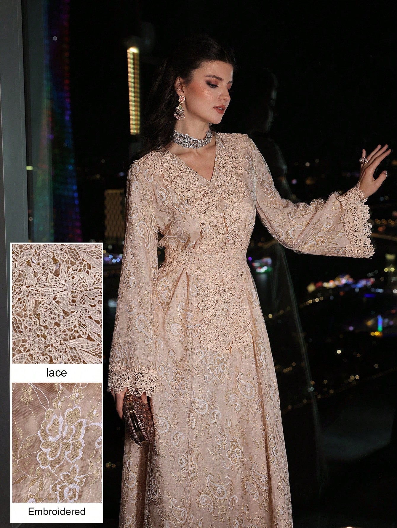 Elegant V-neck Lace Dress with Tie Waist and Ruffle Trim Formal