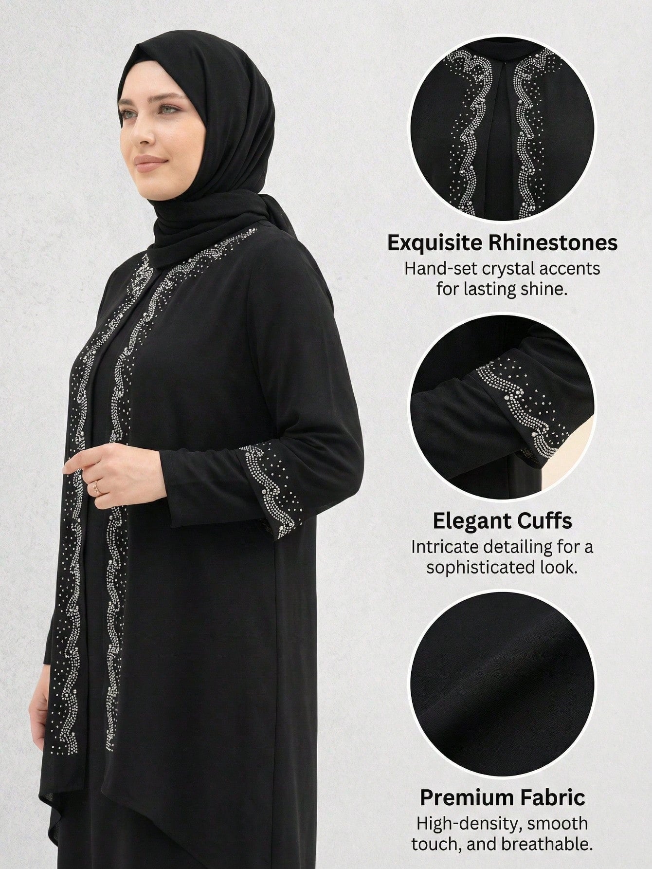 Modest Women's Black Rhinestone Beaded 2 Pieces Abaya Set Long Sleeve
