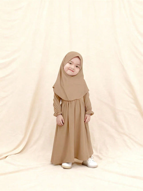 Girls' Long Sleeve Dress & Headscarf Set - Khaki