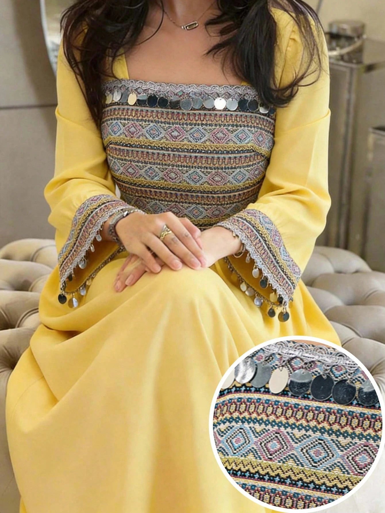 Women's Elegant Square Neck Sequin Tassel Arabic Style Dress