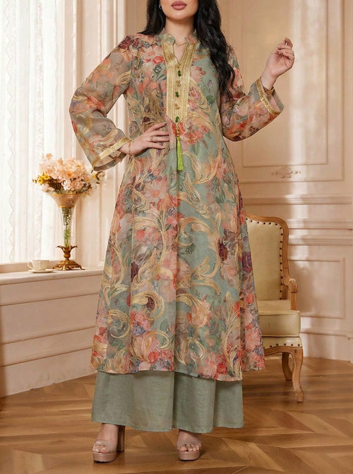 Women S Notched Collar Floral Print Random Print 2 in 1 Casual Long
