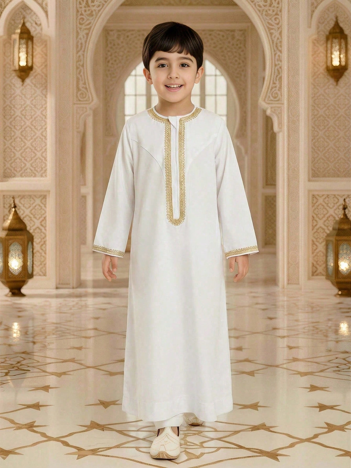 Boys' White Thobe with Gold Border Trim