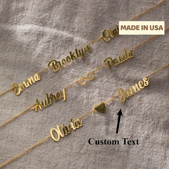 Ladies' Fashion Chain Necklace 18K Gold Plated Multiple Pendants Customizable With 2 English Names Heart+Infinite Symbol Charm Stainless Steel Jewelry Perfect Gift For Her