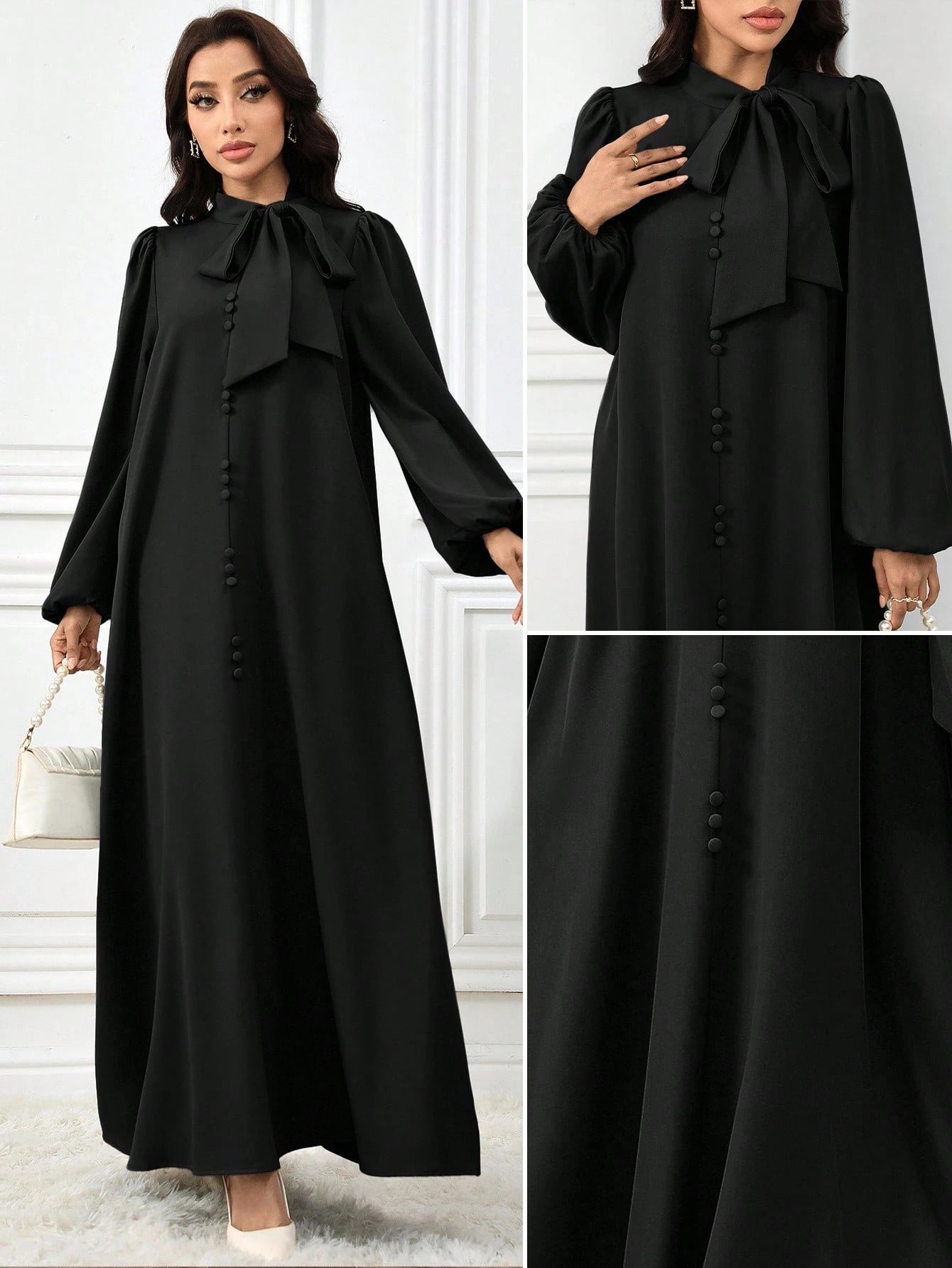 Women Elegant Solid Color Lantern Sleeve Tie Collar Arabian Dress for