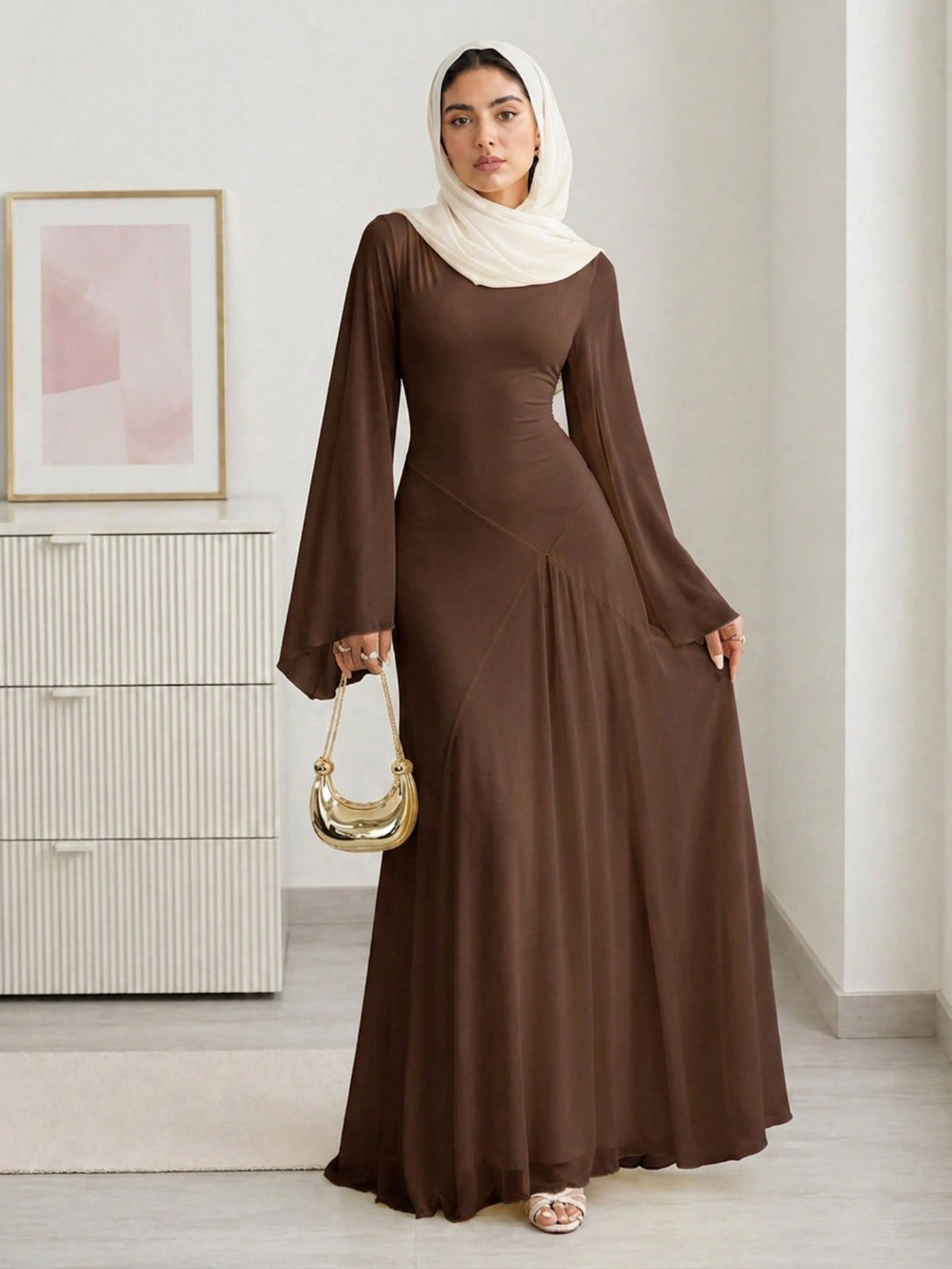 Asymmetric Ruched Bell-Sleeve Maxi Dress