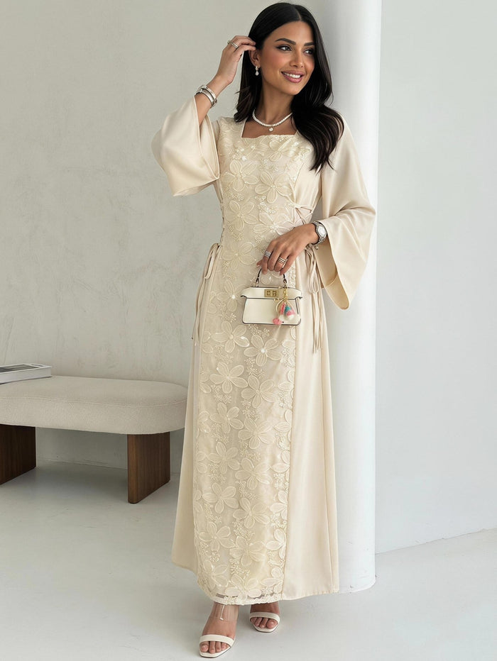 Embroidered Patchwork Dress — Square Neck, Cinched Waist - Apricot