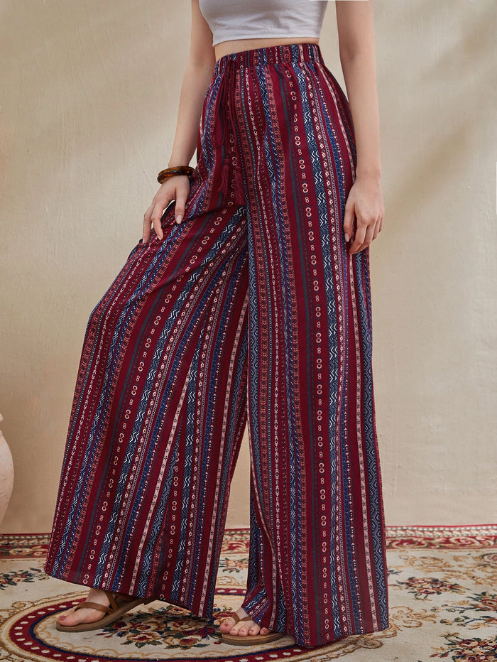 Mixed Print Tassel Knot Waist Palazzo Pants