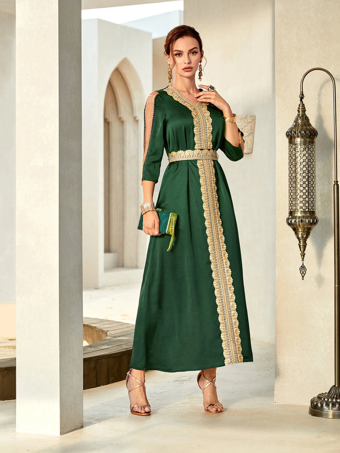 Floral Embroidery Chain Detail Modest Dress