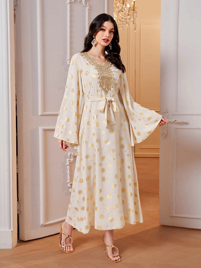 Gold Floral Print Appliques Belted Dress