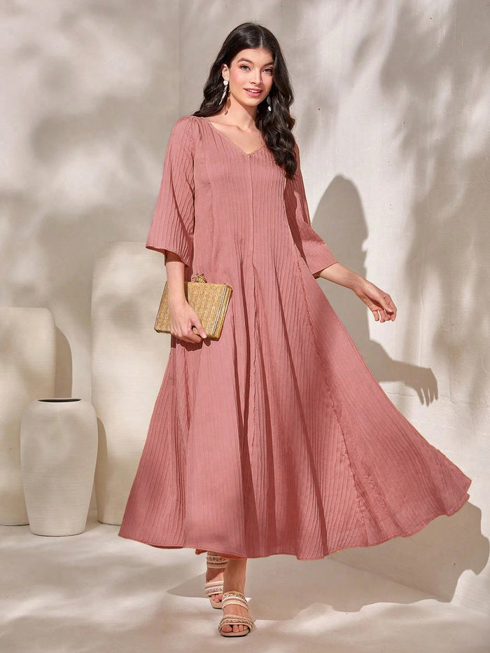 Solid V Neck Dress Maxi Women Outfit