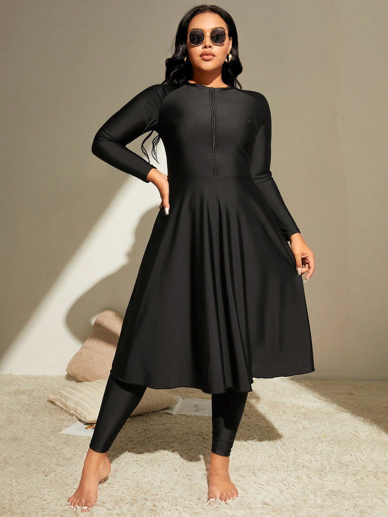 Plus Size Solid Color Front Zipper Long Sleeve Casual Top Pants